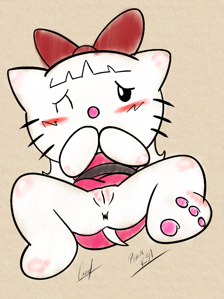 1girls anthro anus blossom_(powerpuff_girls) blush caencel cat cosplay crossover embarrassed feline female female_only front_view fur hello_kitty hello_kitty_(character) hello_kitty_(series) kitty_white on_back one_eye_closed powerpuff_girls pussy sanrio shy simple_background solo spread_legs spreading vulva white_fur