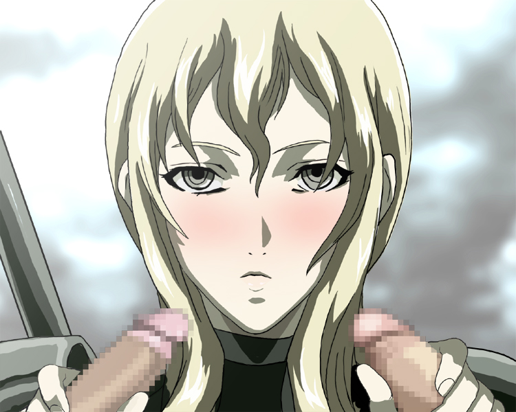 blush censored claymore erect_penis erection female flora_(claymore) handjob penis penis_grab silver_eyes wavy_hair