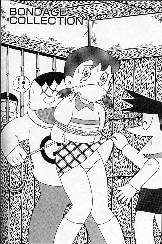 1girls black_hair breasts doraemon dress el_bondage female human male nobita_nobi panties pigtails rope shizuka_minamoto short_hair suneo_honekawa takeshi_gouda