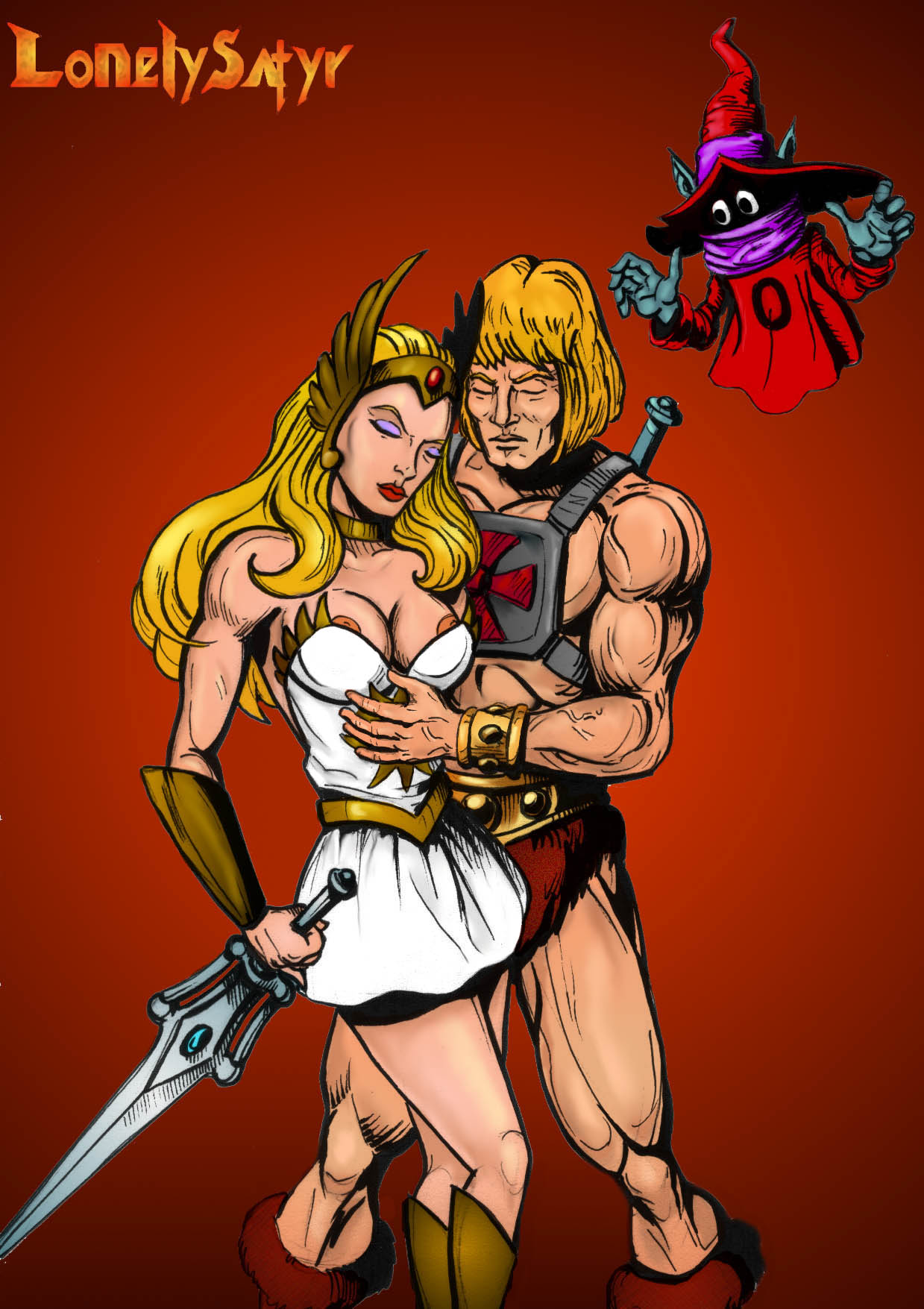 1girls 2boys blonde_hair breasts female he_man lonelysatyr long_hair male masters_of_the_universe nipples nudity orko princess_adora she-ra she-ra_princess_of_power