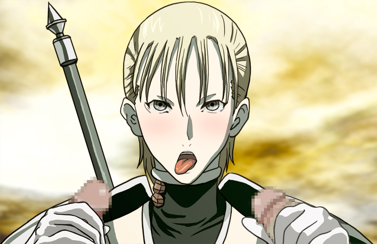 blonde_hair blush censored claymore female handjob jean_(claymore) looking_at_viewer pale-skinned_female pale_skin penis penis_grab short_hair silver_hair tongue tongue_out