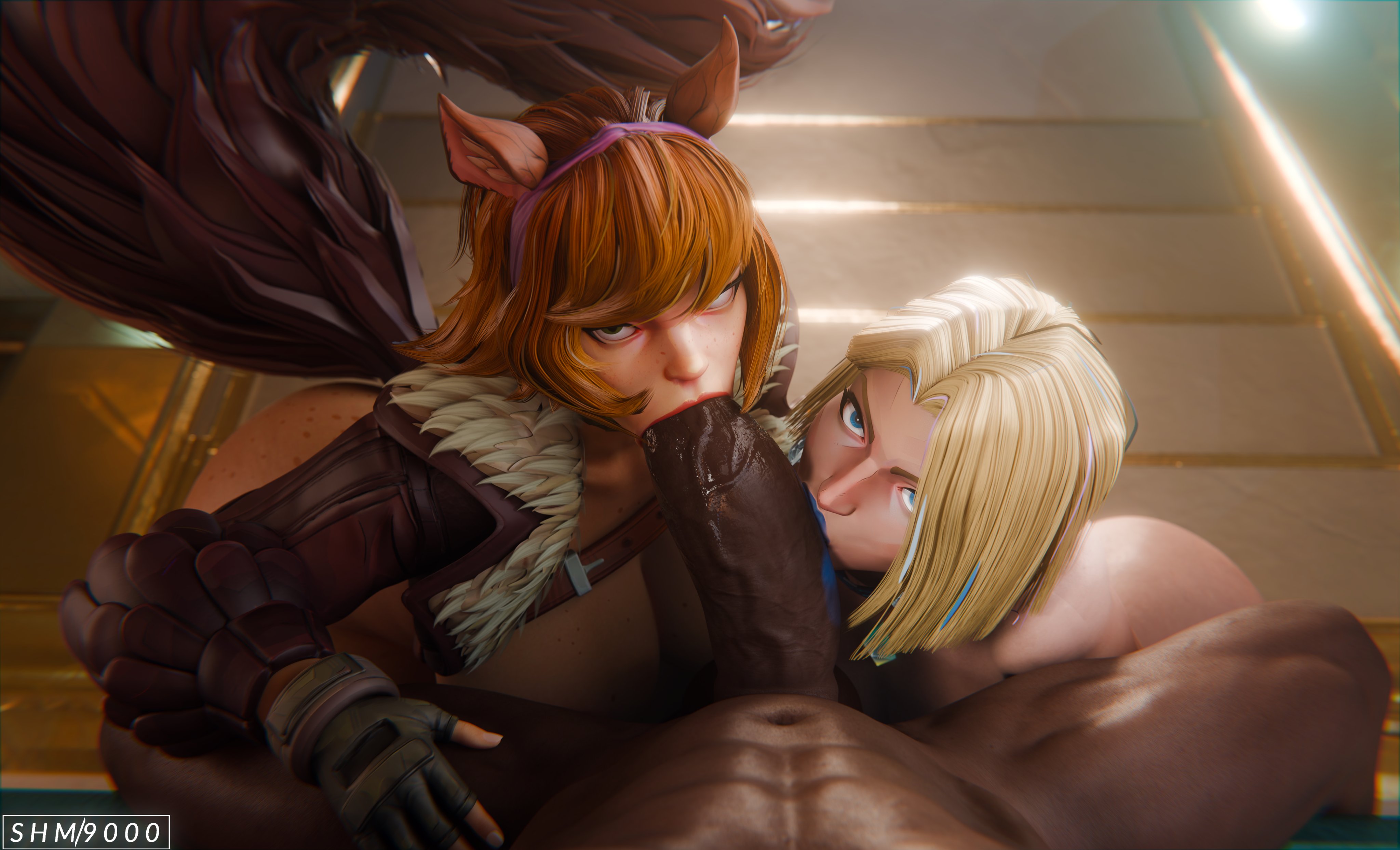 1boy, 2girls, 3d, 3d (artwork), big cock, big penis, blonde female, blonde hair, blonde-haired female, cock, cock worship, dark skin, dark-skinned male, dominant, dominant male, emma frost, emma frost (marvel rivals), female, female focus, ginger, ginger hair, interracial, interracial sex, large cock, large penis, light skin, light-skinned female, looking at viewer, male, male pov, maledom, maledom/femsub, marvel, marvel comics, marvel rivals, orange hair, orange-haired female, penis, penis worship, pov, squirrel girl (marvel rivals), squirrel girl (marvel), submissive, submissive female, superhentaimaster9000, threesome, worship, worshiping, worshipping, x-men