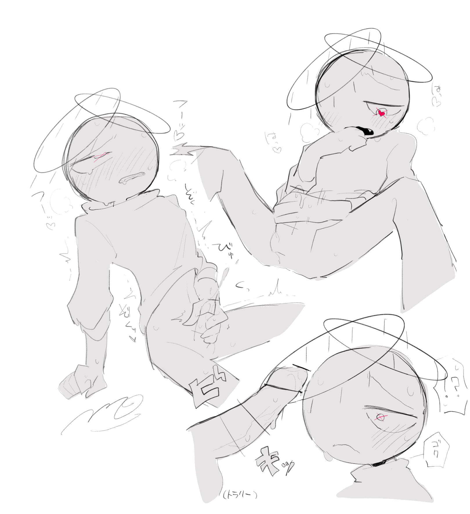 1boy, balls, blush, bottomless, clothed, clothing, cum, heart, heart-shaped pupils, hi res, imminent oral, japanese text, male, male only, masculine, masturbation, navel, noctal, open mouth, original, original character, penis, simple background, solo, speech bubble, stickfigure, stickman, white background