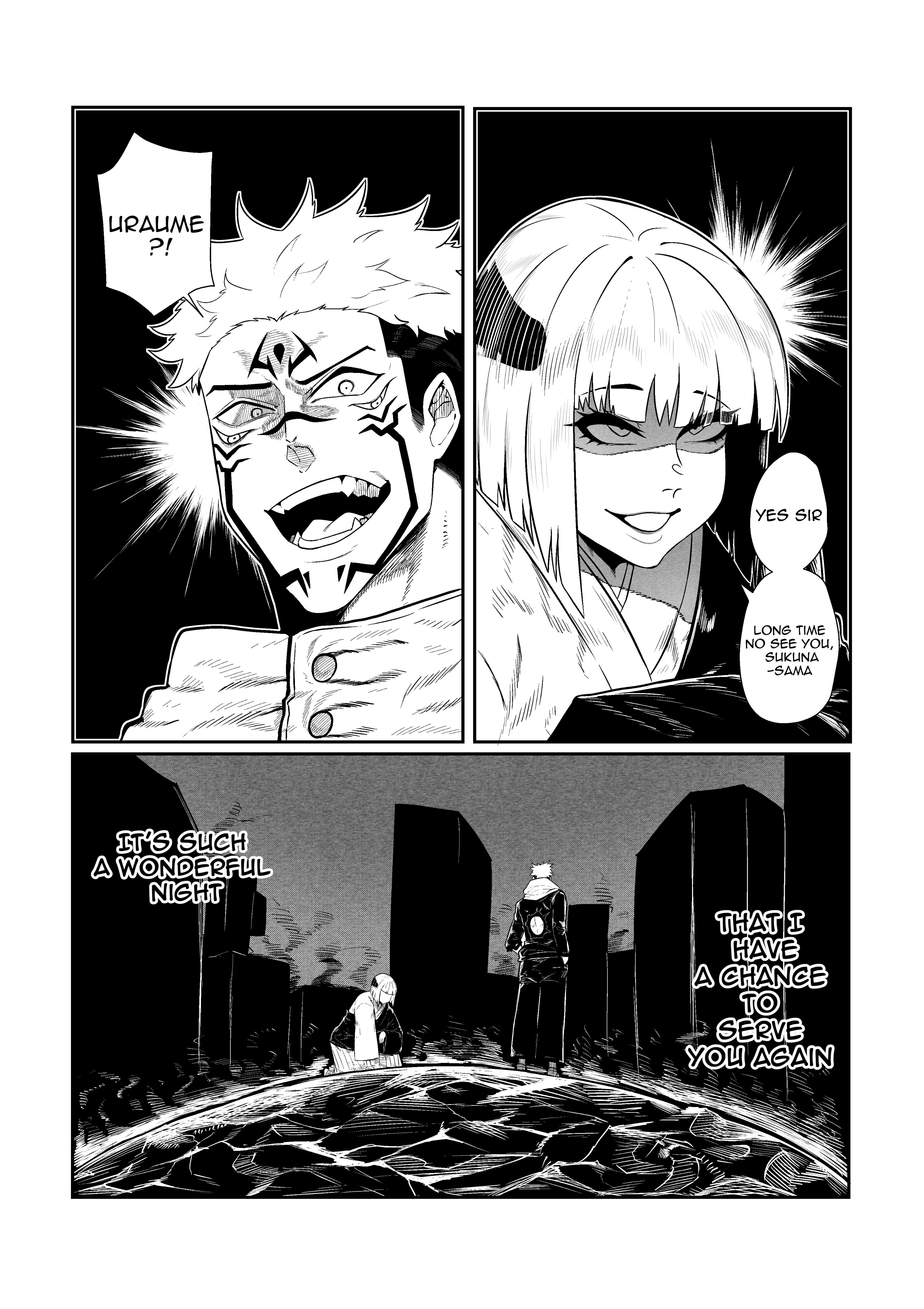1boy, 1other, ambiguous gender, comic, green (artist), jujutsu kaisen, male, monochrome, ryoumen sukuna (jujutsu kaisen), short hair, solo male, uraume