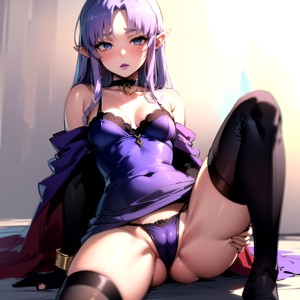 1girls 2024 ai_generated blush cameltoe caster_(fate/stay_night) choker elf_ears fate_(series) female female_focus female_only kxy medea_(fate) negligee panties purple_hair purple_lipstick robe spread_legs stockings