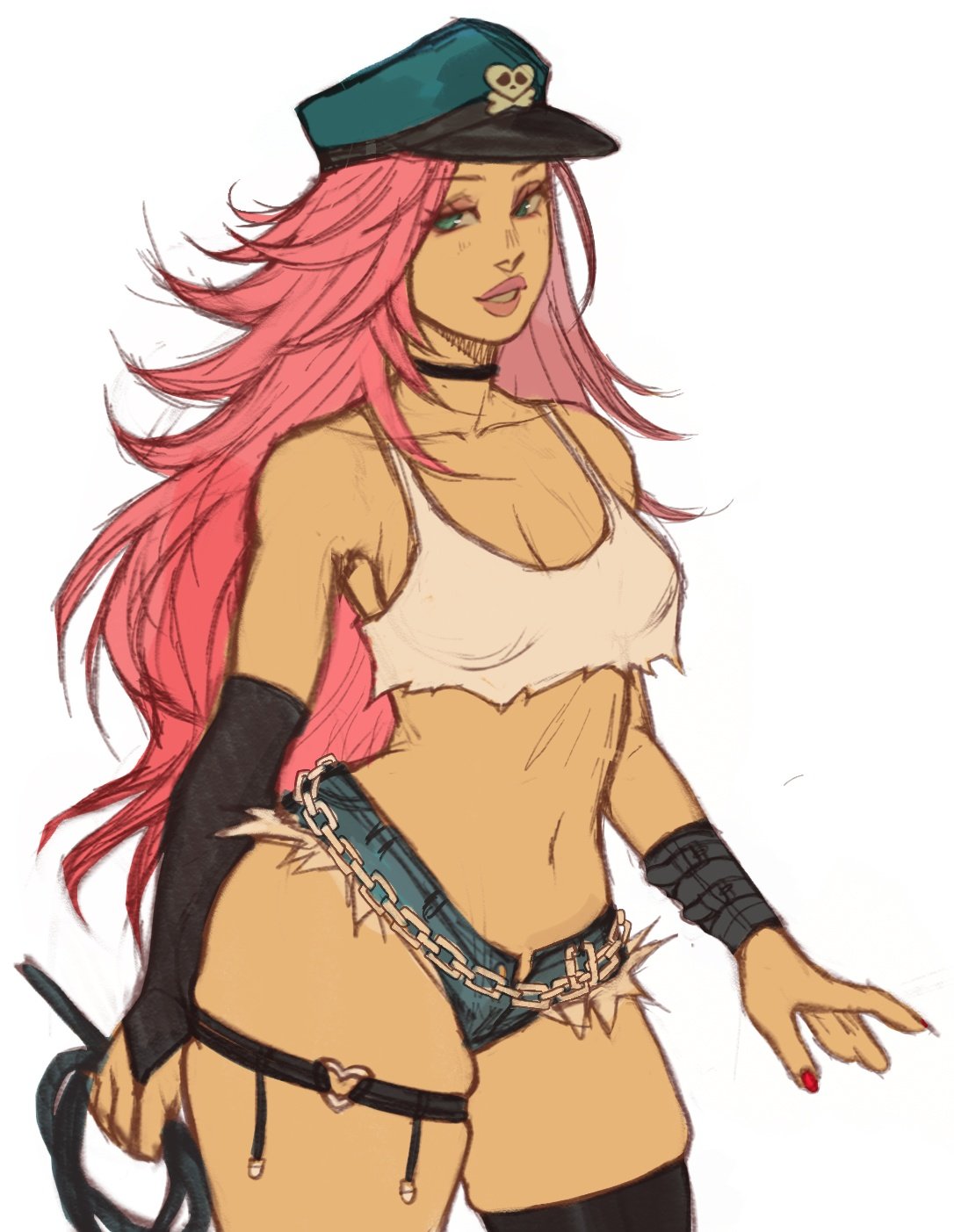 1girls capcom choker crop_top detached_sleeves eyeshadow female female_only final_fight fully_clothed gwenervi hat leg_strap long_hair painted_nails pink_hair poison_(final_fight) shorts solo street_fighter thick_thighs thighhighs whip