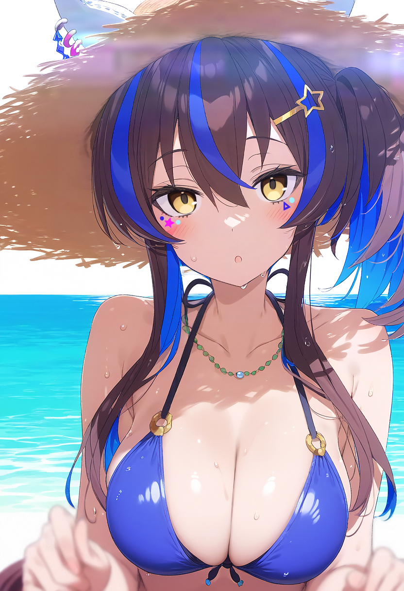 ai_generated animal_ears beach bikini daitaku_helios_(umamusume) female gyaru hair_pin horse_girl straw_hat two_tone_hair umamusume umamusume_pretty_derby