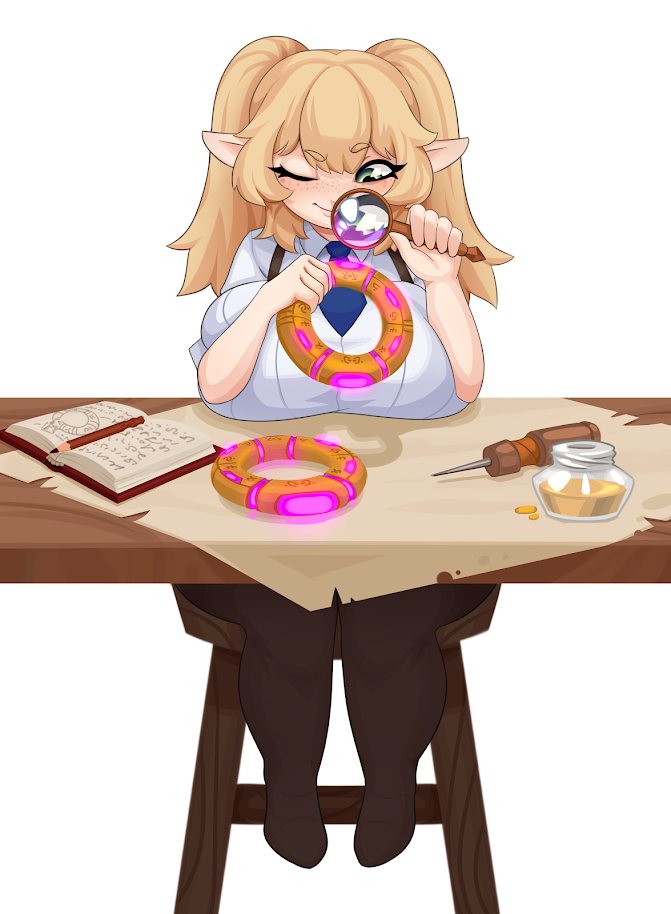 blonde_hair clothed huge_breasts idler_r lilli_upton shortstack sitting_at_desk smiling thick_thighs twintails