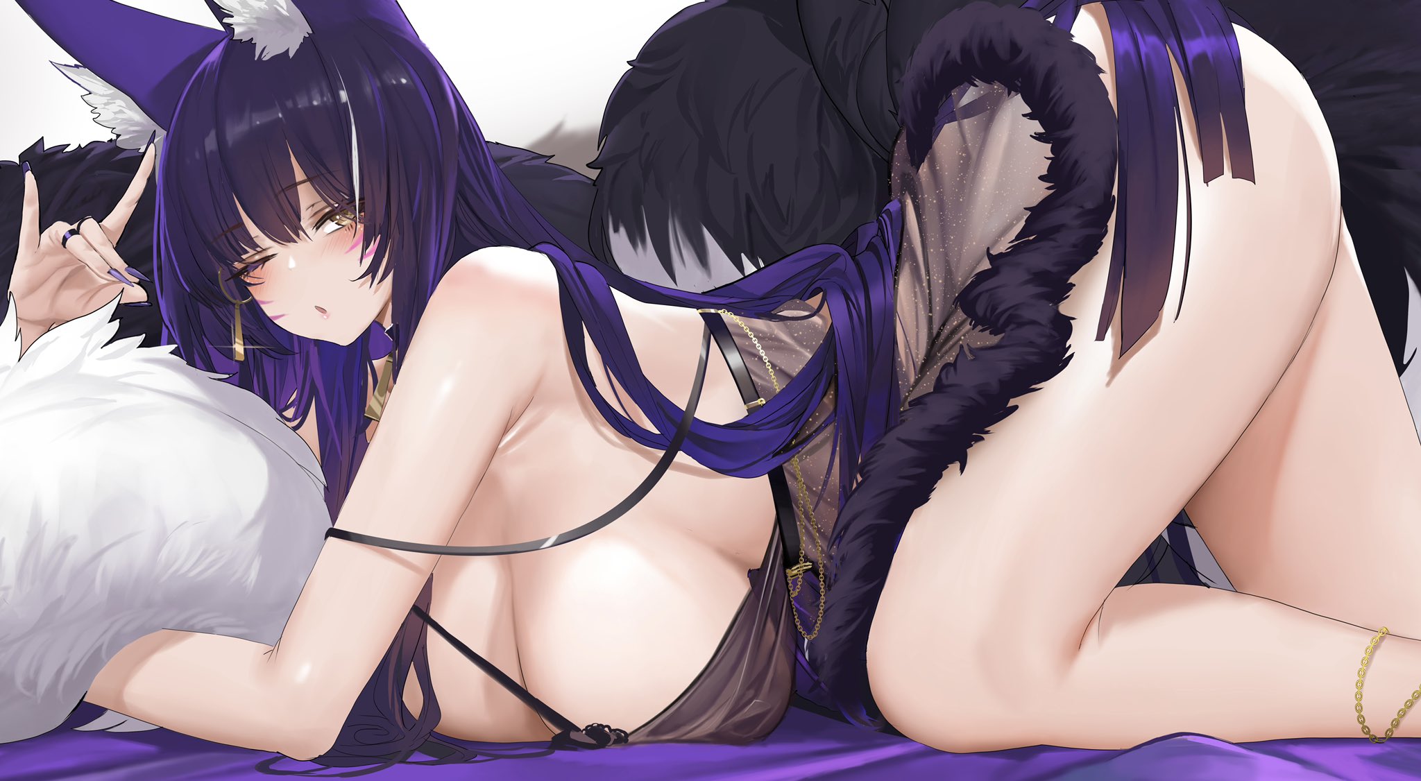 1girls, azur lane, black hair, breasts, dishwasher1910, female, fluffy ears, fluffy tail, fox ears, fox girl, fox tail, hi res, huge breasts, kitsune, light skin, light-skinned female, long hair, musashi (azur lane), naughty face, tail, thick thighs, yellow eyes