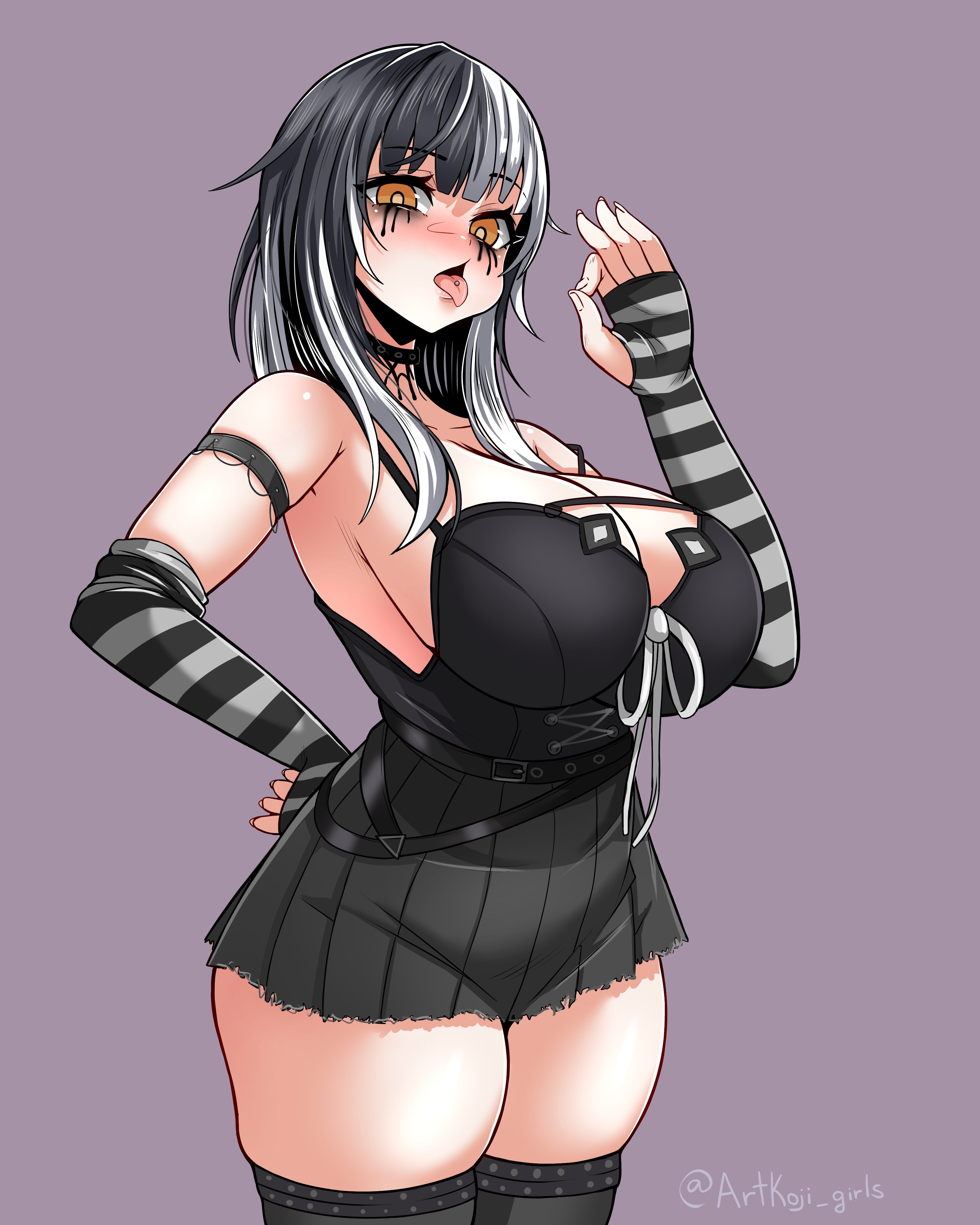 1girls, 2023, armwear, artist name, artkoji girls, bare shoulders, big breasts, blush, breasts, choker, fellatio gesture, female, hand behind back, hololive, hololive english, hololive english -advent-, huge breasts, inviting, inviting to sex, large breasts, looking at viewer, nails, pierced tongue, piercing, runny makeup, sexually suggestive, shiori novella, side view, sideboob, sidelocks, simple background, solo, striped armwear, thick thighs, thighs, tongue, tongue out, tongue piercing, twitter username, two-tone hair, virtual youtuber, yellow eyes, zettai ryouiki