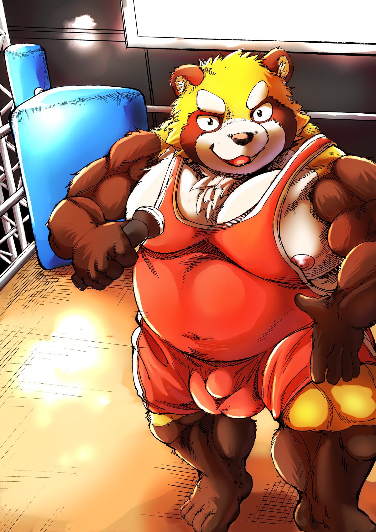 2024 anthro asakura_kento balls_outline belly brown_body bulge canid canine detailed_background detailed_bulge fighting_ring genital_outline hi_res kemono male mammal musclegut muscular overweight overweight_male penis_outline raccoon_dog solo tanuki wrestling_singlet