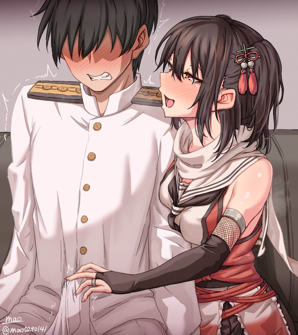 1boy 1girls admiral_(kantai_collection) black_gloves black_neckerchief breasts brown_eyes brown_hair bulge buttons covered_penis double-breasted elbow_gloves epaulettes erection erection_under_clothes female fingerless_gloves gloves handjob handjob_over_clothes kantai_collection light-skinned_female light-skinned_male light_skin looking_at_another m.a.o medium_breasts military_uniform naval_uniform neckerchief scarf school_uniform sendai_(kantai_collection) serafuku short_hair two_side_up uniform white_scarf