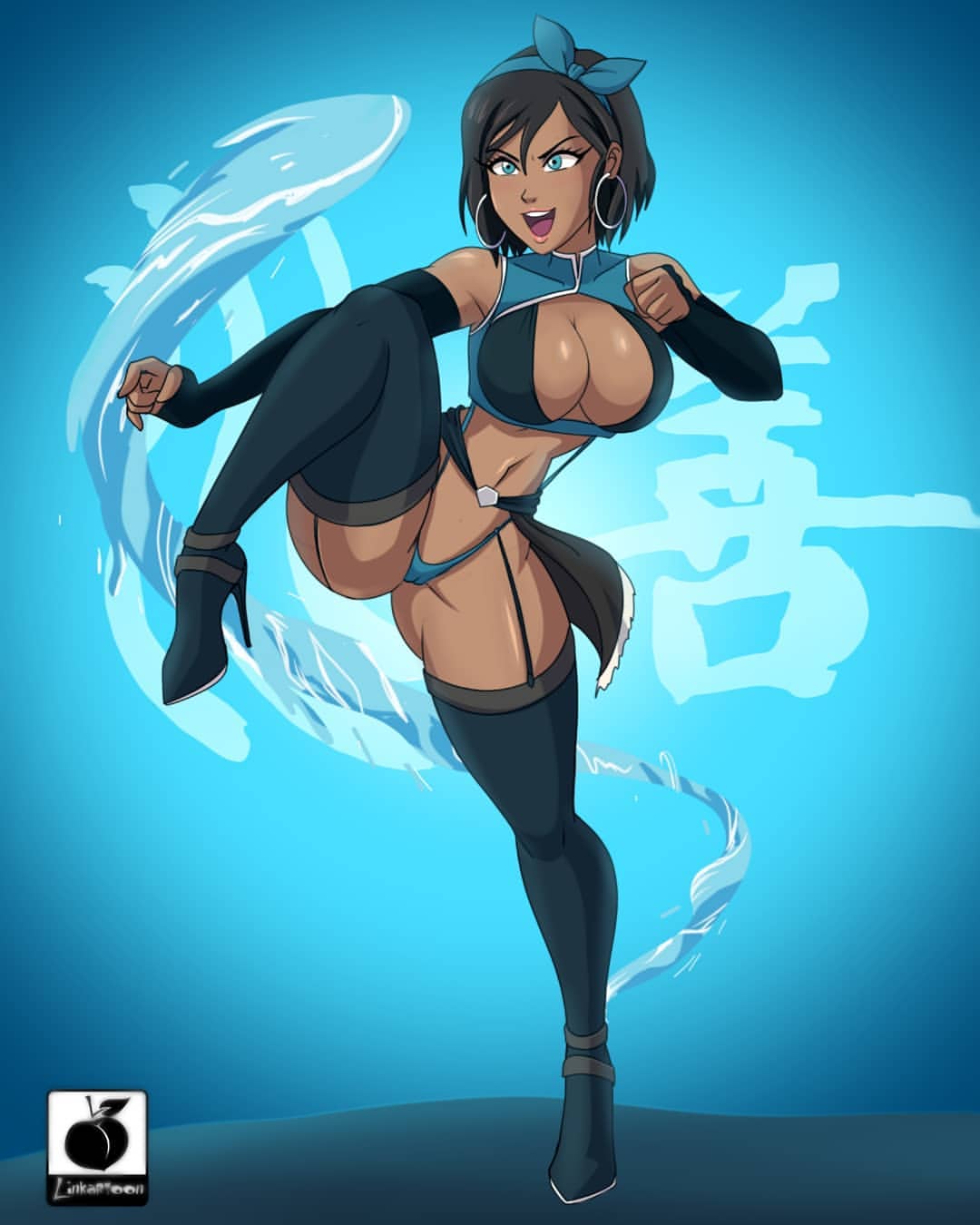 1girls avatar_legends clothed female high_heel_boots high_heels hoop_earrings huge_ass huge_breasts korra linkartoon short_hair the_avatar the_legend_of_korra water_tribe waterbending watermark