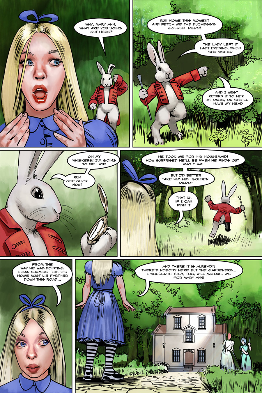 alice_(disney) alice_in_wonderland alice_liddell alice_off_the_deep_end_(comic) blonde_hair blue_eyes busty comic cute diadem dirty_talk dress edelweiss_(artist) female female_focus hourglass_figure long_hair petite skinny slim speech_bubble tagme teenager white_rabbit wide_hips