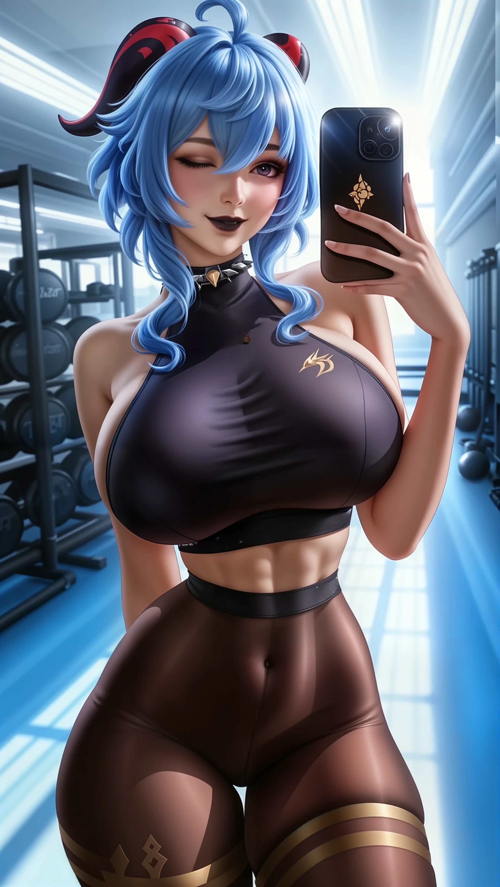 ai generated, big breasts, black lipstick, breasts, female, ganyu (genshin impact), genshin impact, gym, hourglass figure, huge breasts, large breasts, leggings, narrow shoulders, selfie, selfie pose, skindentation, sky4maleja, sports bra