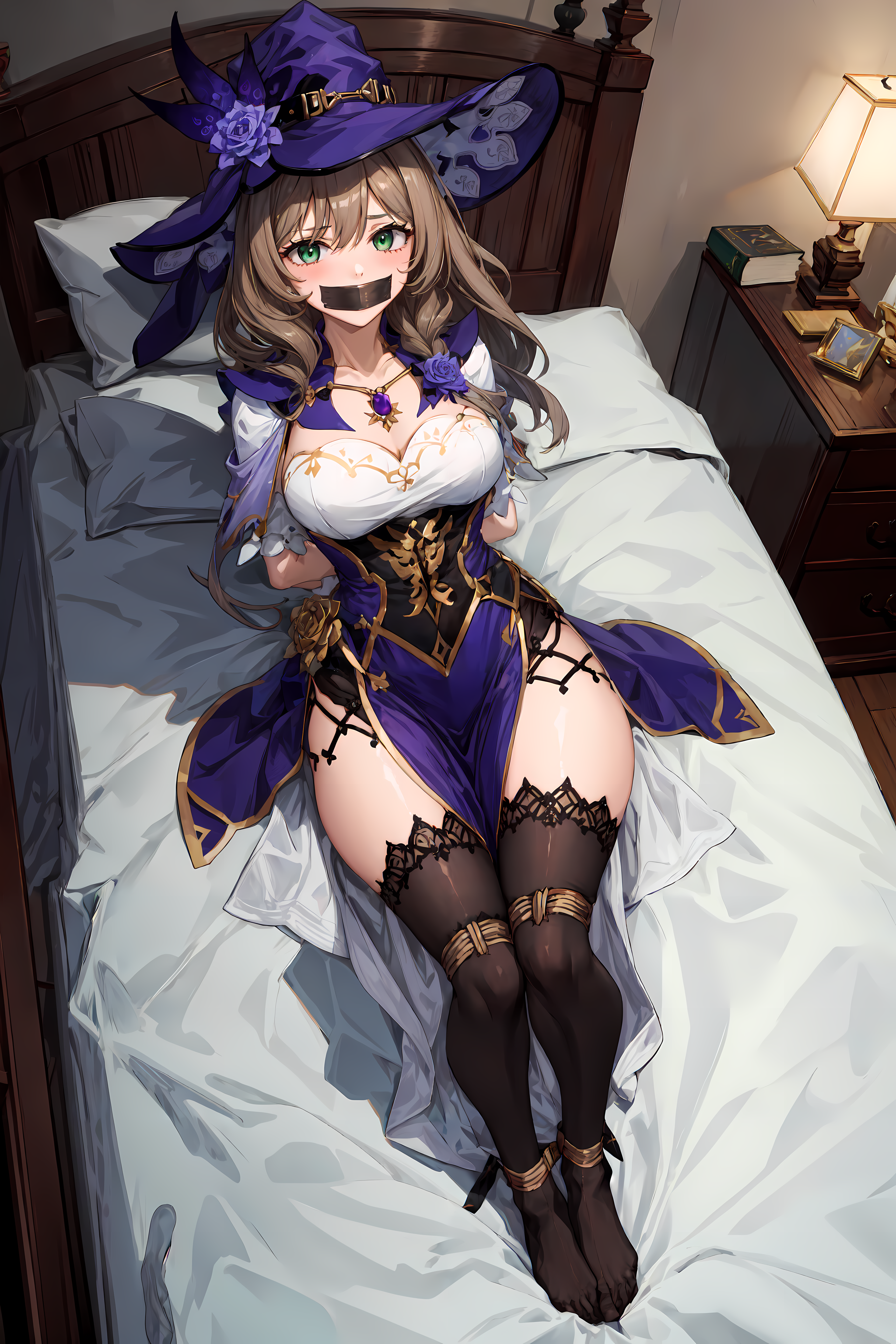 1girls, ai generated, arms tied behind back, blush, bondage, bound ankles, bound legs, brown hair, female, gag, gagged, genshin impact, green eyes, lisa (genshin impact), looking at viewer, on back, on bed, solo, tape gag, witch hat