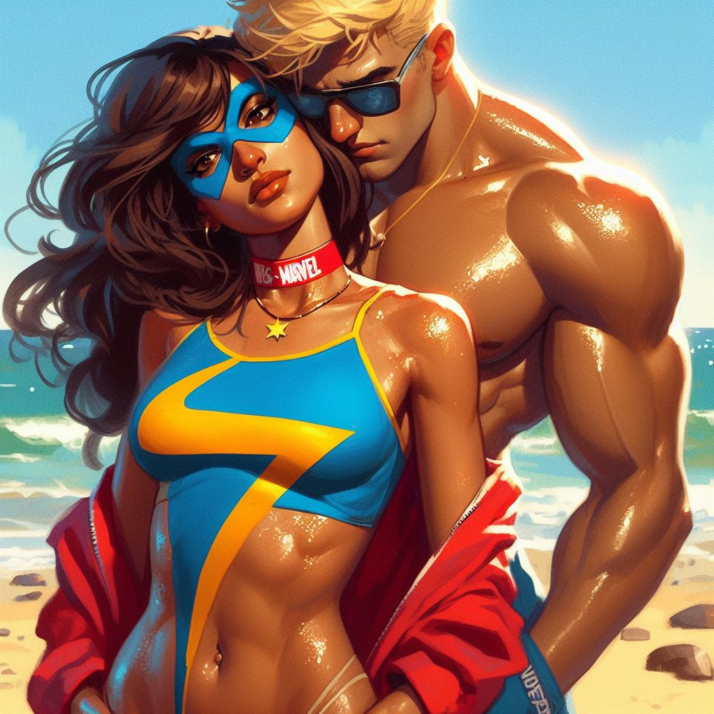 ai_generated beach beachwear blonde_hair blonde_hair_male brown_eyes brown_hair brown_skin crop_top dark-skinned_female dark_skin discord_(marvel) earrings female holding holding_from_behind joshua_richardson kamala_khan light-skinned_male light_skin looking_at_another looking_at_partner male marvel marvel_comics mask ms._marvel ms._marvel_(kamala_khan) muscular muscular_male ring rock rocks sand scarf seaside shiny_body shiny_skin summer sunglasses t-shirt trunks writing_on_body