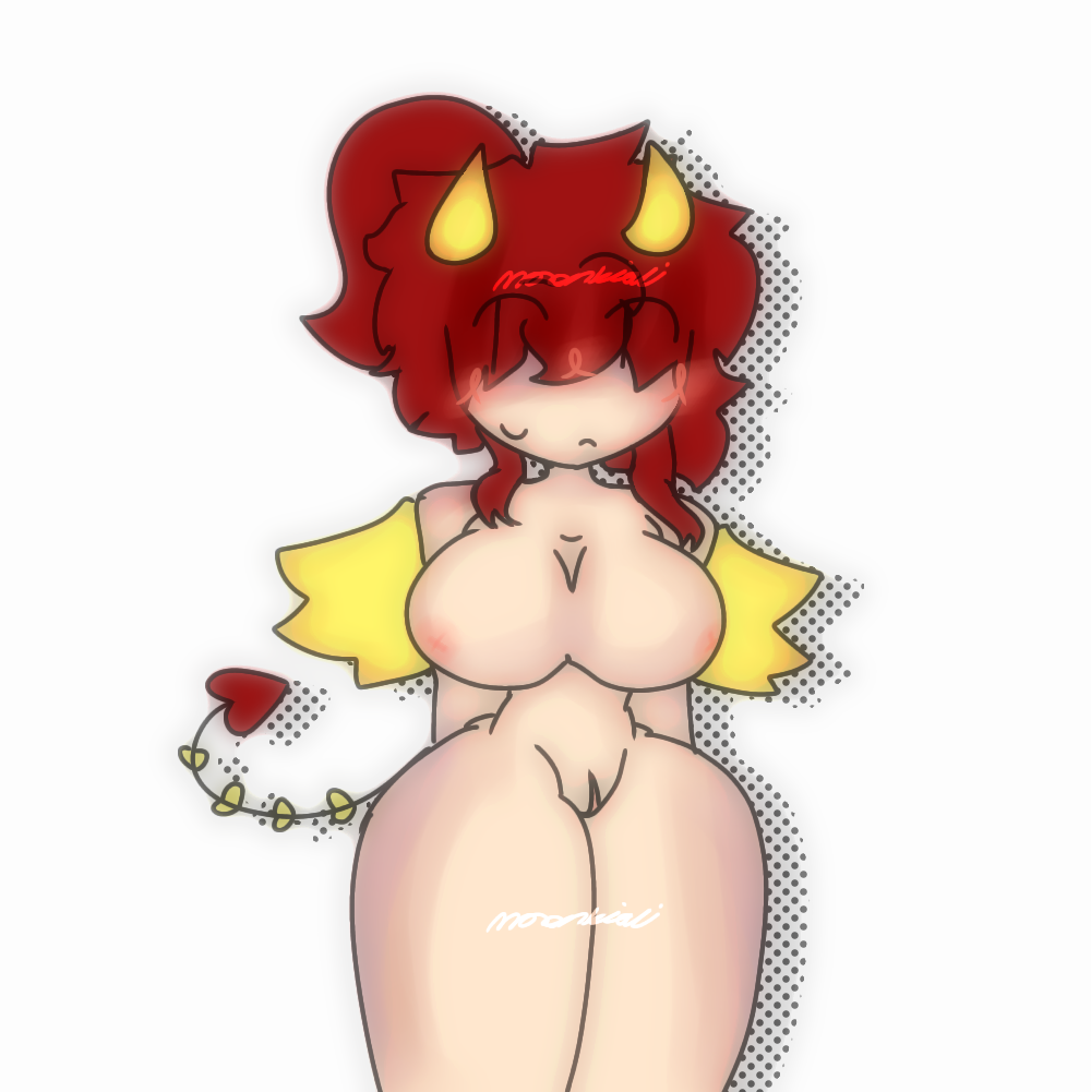 blush breasts isabelle looking_at_viewer moonvioli naked naked_female nipples red_hair shaded standing tail uncensored vagina watermark yellow_horns yellow_wings