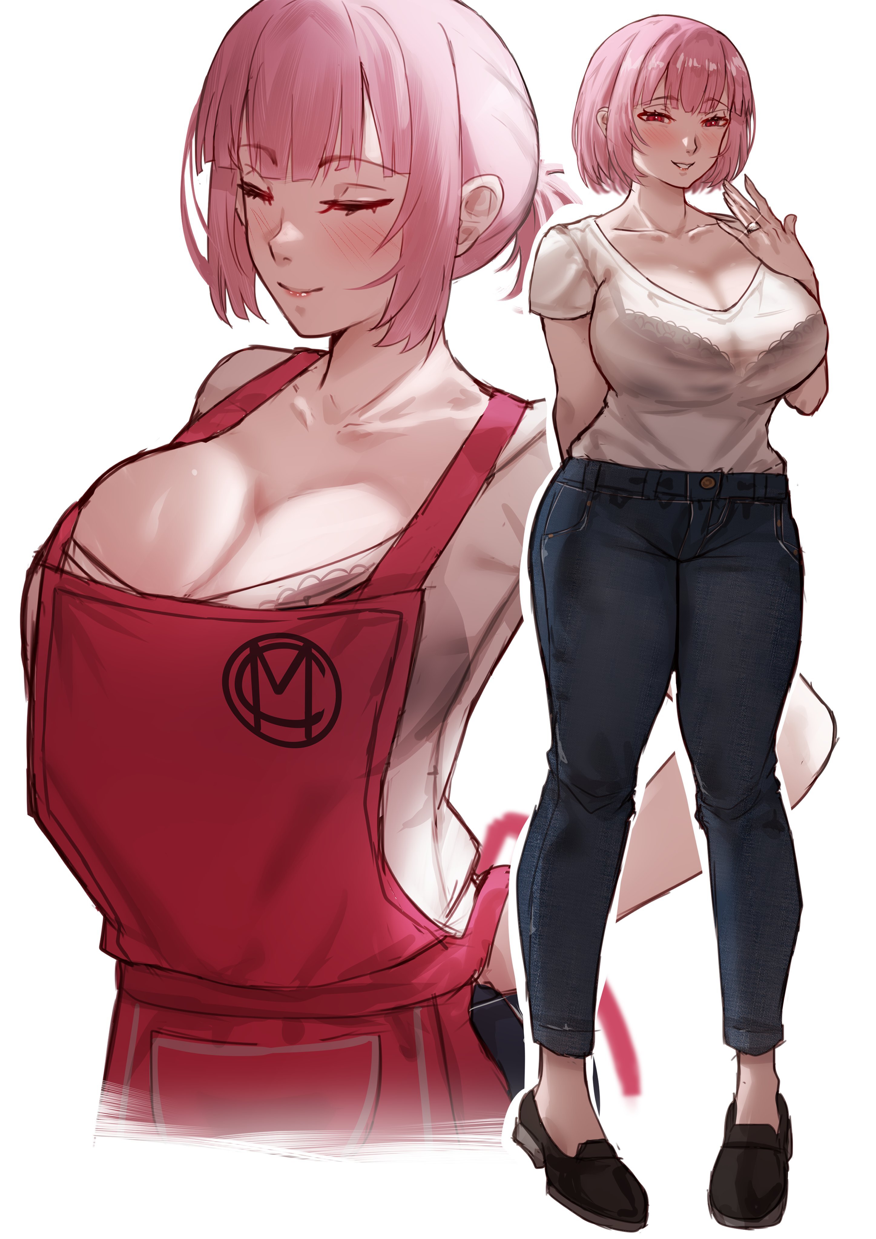 1girls, 2d, apron, big breasts, blush, bra visible through clothes, breasts, cleavage, closed eyes, denim, female, hehexed06161704, hololive, hololive english, hololive myth, housewife, jeans, looking at viewer, milf, mommy, mommy kink, mori calliope, mother, multiple views, open mouth, pink eyes, pink hair, ring, shirt, shoes, short hair, short sleeves, simple background, smile, smiling, smiling at viewer, solid color background, source, standing, tied hair, virtual youtuber, visible ears, white background, wife