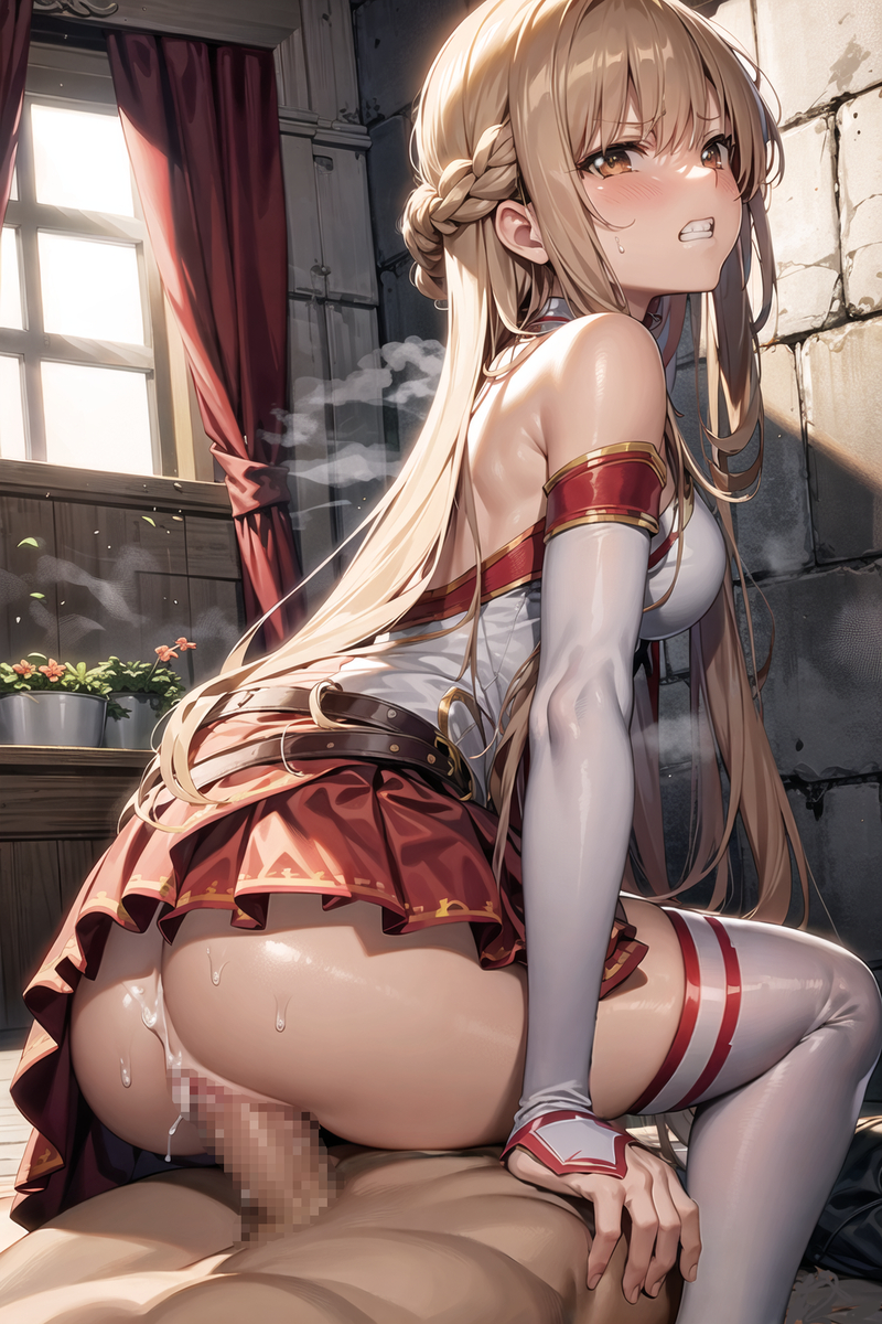 ai generated, blonde hair, brown eyes, cowgirl position, cum, cum in pussy, cum inside, female, pussy, sword art online, yuuki asuna