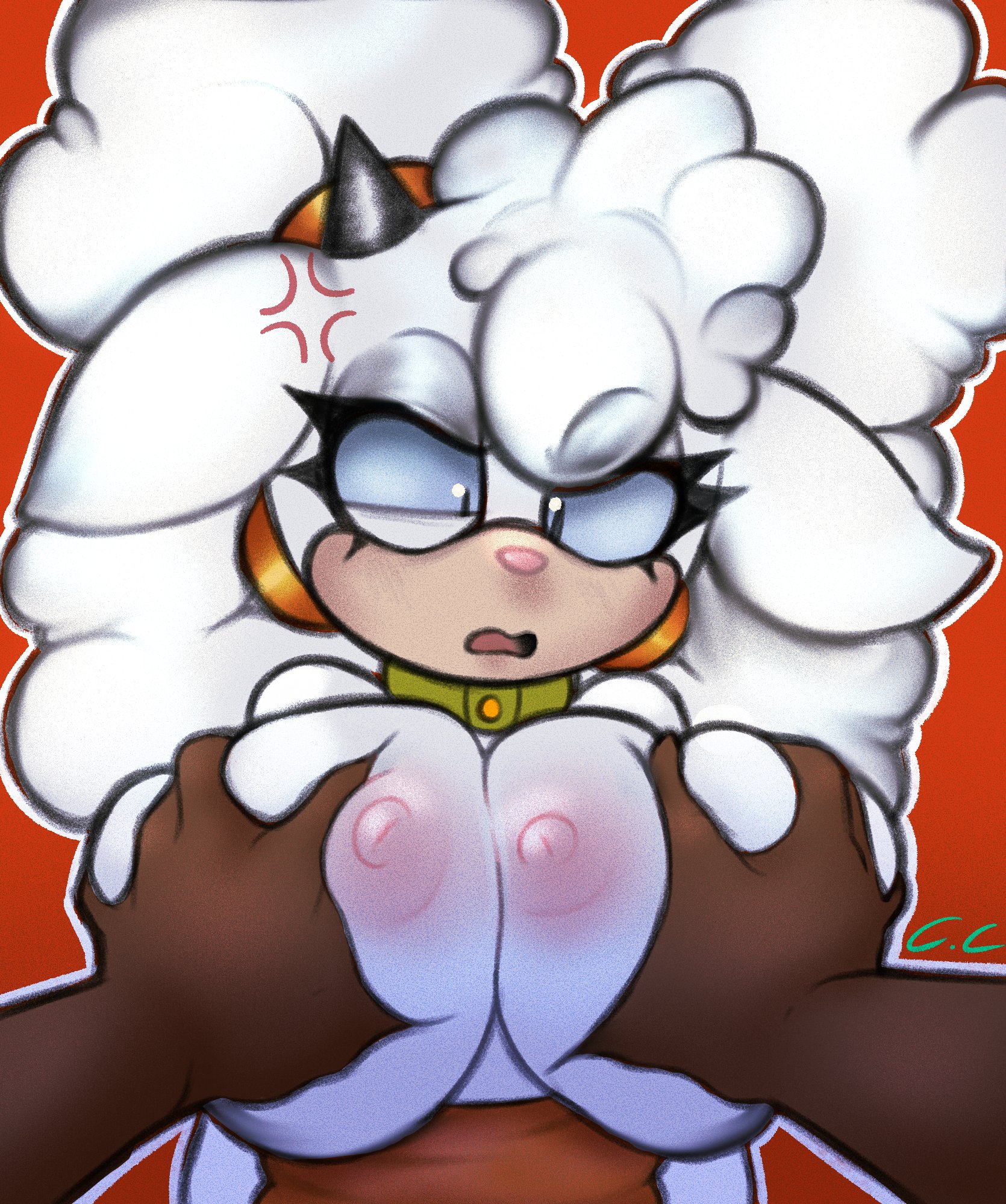 1girls, 2d, anger vein, angry, anthro, bell, big breasts, blue eyes, bovid, breast grab, breast squeeze, breasts, busty, caprine, champchidi, collar, confused, dark skin, dark-skinned male, ewe, female, fluffy, grabbing, grabbing breast, grabbing breasts, human on anthro, idw comics, idw publishing, lanolin the sheep, looking at viewer, male, mobian, mobian (species), mobian sheep, pov, sega, sheep, sheep girl, sonic (series), sonic the hedgehog (comics), sonic the hedgehog (idw), sonic the hedgehog (series), topless, white hair, white wool, wool, wool (fur)