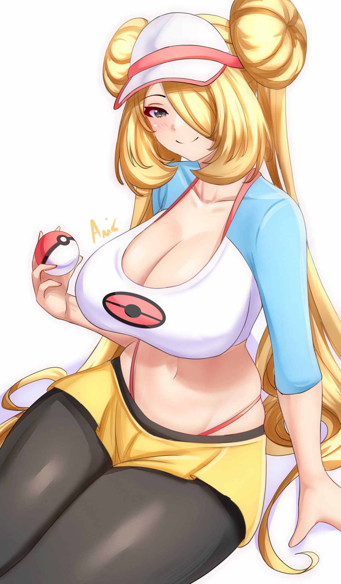 1girls, anisdrawn, blonde, blonde female, blonde hair, blonde-haired female, breasts, cleavage, cosplay, customized cosplay, cynthia (pokemon), female, hair over one eye, hat, hi res, hips, huge breasts, light skin, light-skinned female, long hair, nintendo, pokemon, pokemon champion, pokemon dppt, rosa (pokemon) (cosplay), skirt, thick thighs, thighs, twin buns, twintails, whale tail, wide hips
