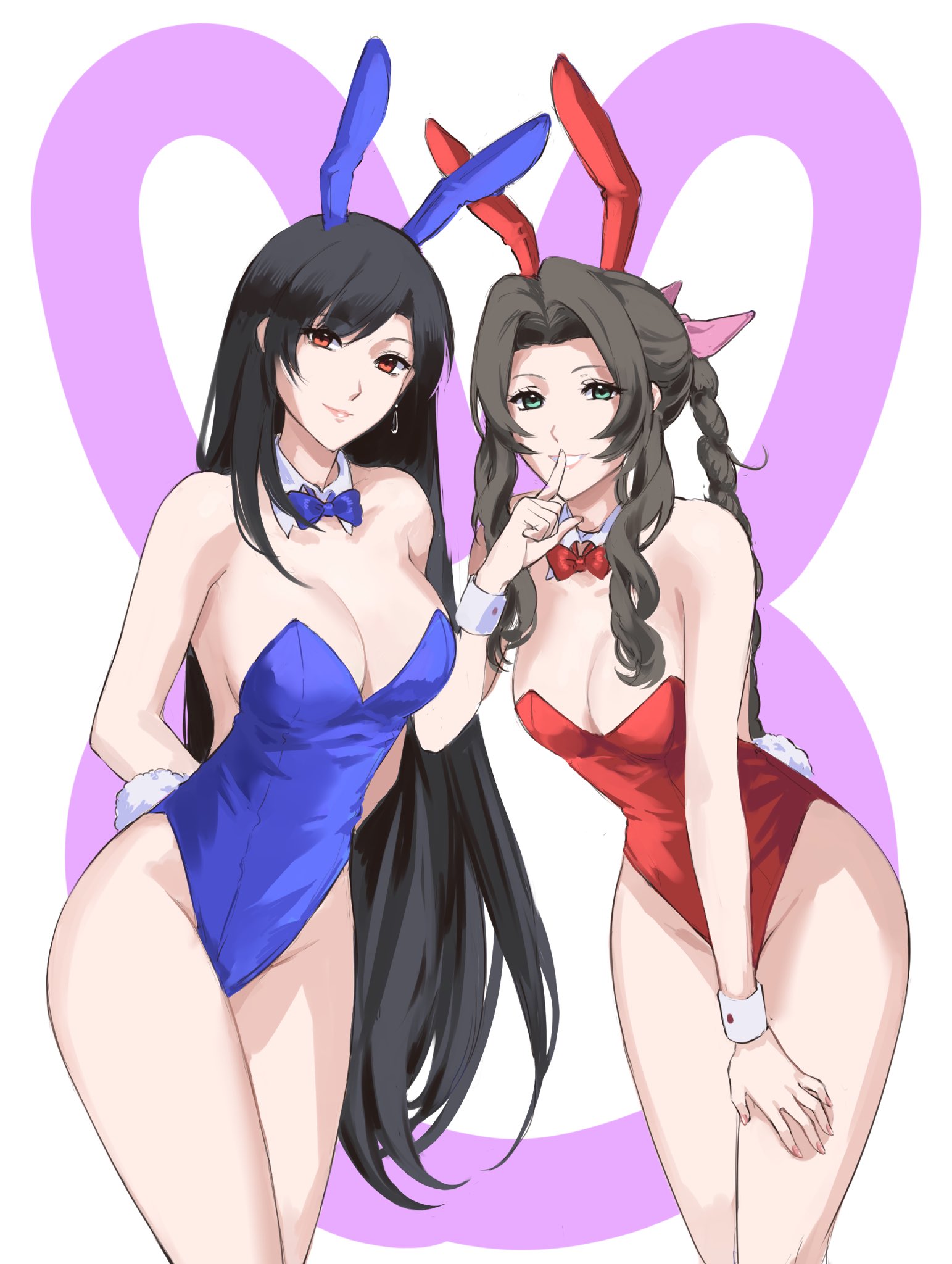 2girls, aerith gainsborough, black hair, blue leotard, bowtie, braided ponytail, breasts, brown hair, bunny ears, bunny tail, detached collar, earrings, fake animal ears, fake tail, female, final fantasy, final fantasy vii, green eyes, hairbow, kivavis, large breasts, leotard, long hair, looking at viewer, ponytail, red eyes, red leotard, tifa lockhart, wrist cuffs