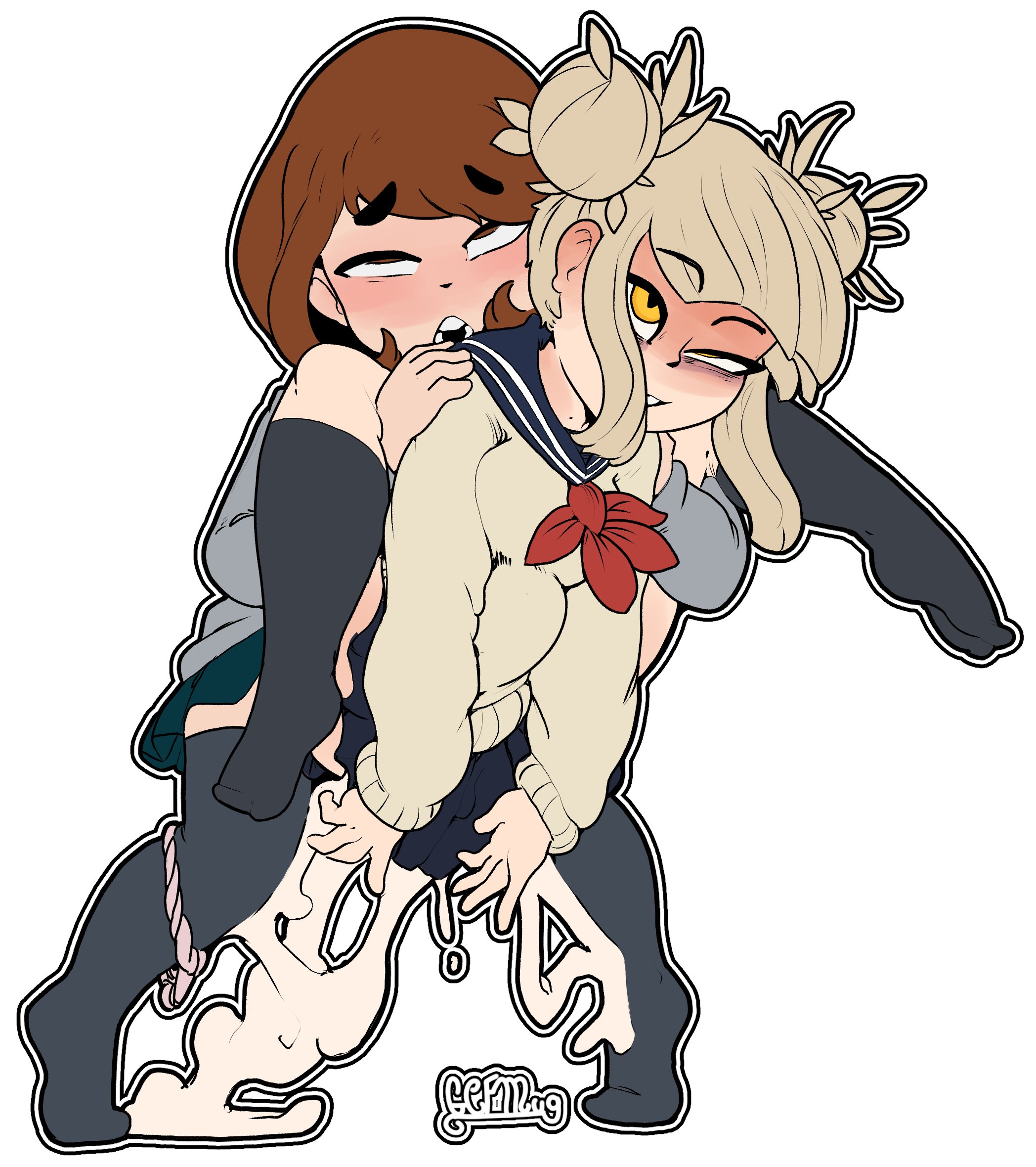 1futa, 1girls, ahe gao, ambiguous penetration, blonde hair, brown hair, bulge, carrying, clothed sex, cum, cum in pussy, cum inside, cum leaking, excessive cum, eyes rolling back, female, fucked silly, futa on female, futanari, gcfmug, himiko toga, implied futa, implied sex, intersex, kneesocks, my hero academia, ochako uraraka, orgasm, panties around leg, pussy, reverse stand and carry position, reverse suspended congress, school uniform, standing, stomach bulge, tagme, thick cum, thighhighs