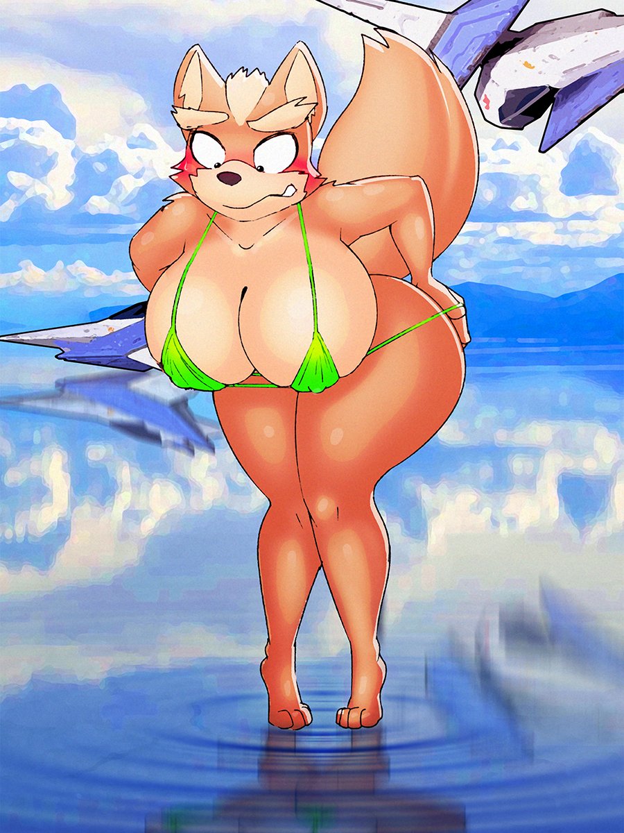 1girls anthro bikini blush drayjay female fox_mccloud nintendo orange_fur rule_63 star_fox tagme zero_suit_fox