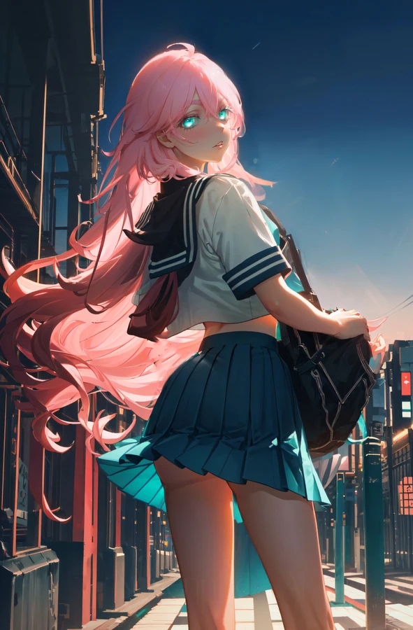 1girls 2d ai_generated ass female female_focus female_only green_eyes non_nude pink_hair pink_hair_female public sailor_uniform school_uniform schoolgirl senju_kawaragi tokyo_revengers