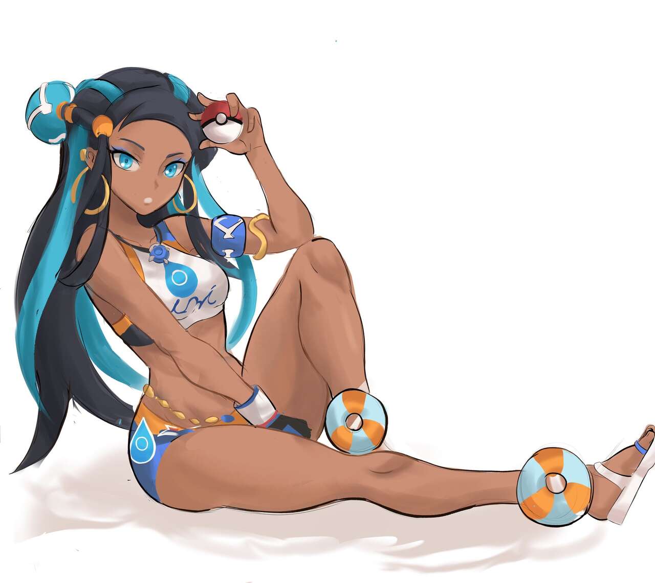 1girls, black hair, black-haired female, breasts, female, looking at viewer, nessa (pokemon), nintendo, pokeball, pokemon, pokemon ss, rakeemspoon, sitting, solo, solo female, solo focus