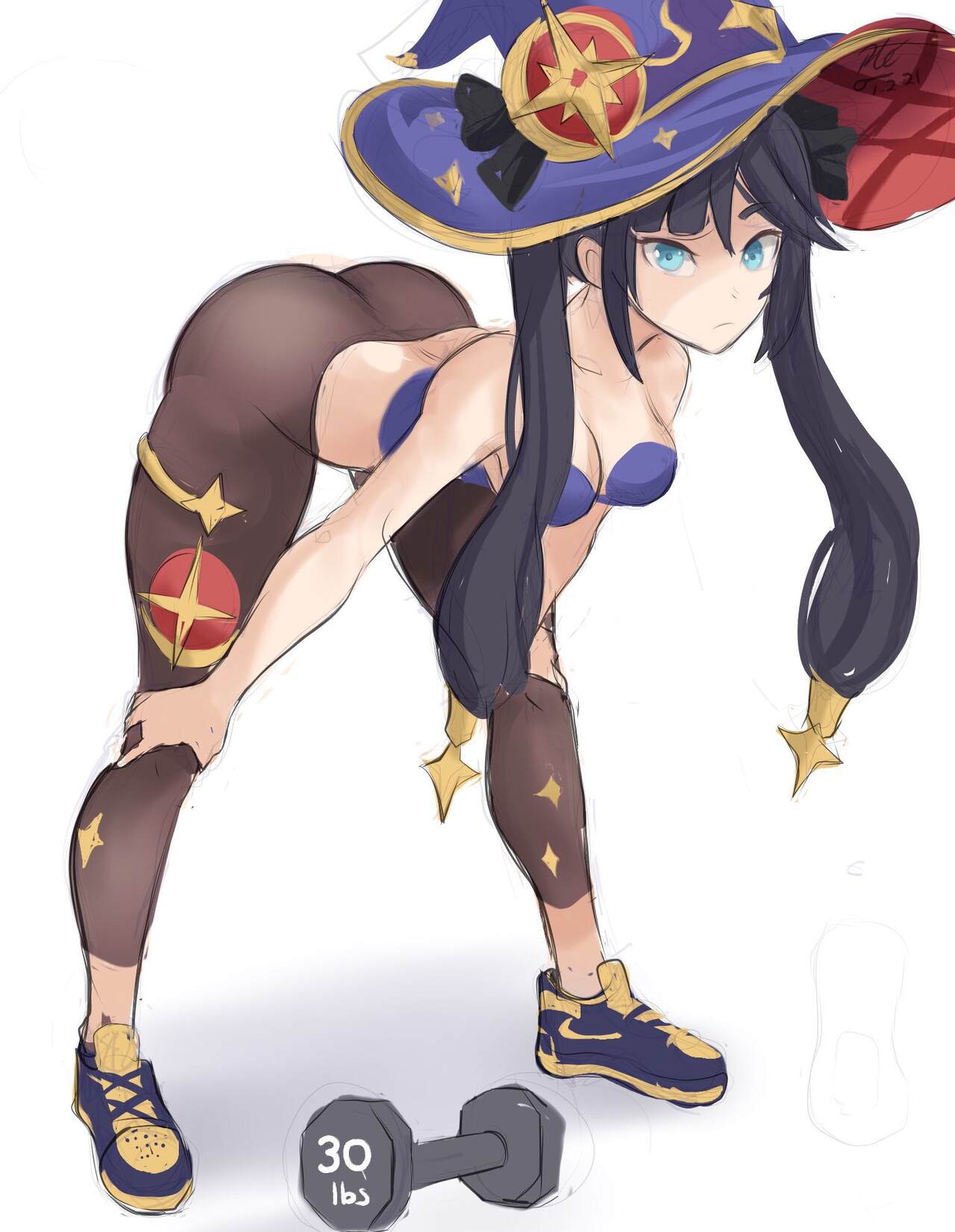 1girls, ass, blue eyes, breasts, female, genshin impact, legs spread, looking at viewer, mona (genshin impact), rakeemspoon, solo, solo female, solo focus, witch hat, working out