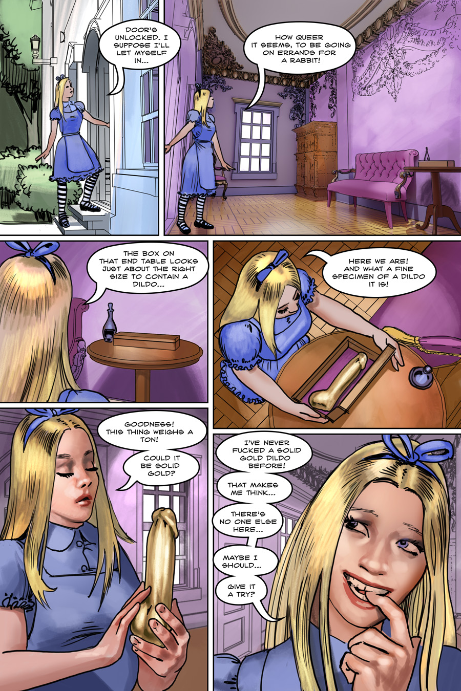 alice_(disney) alice_in_wonderland alice_liddell alice_off_the_deep_end_(comic) blonde_hair blue_eyes busty comic cute diadem dildo dirty_talk dress edelweiss_(artist) female female_focus golden_dildo hourglass_figure long_hair petite skinny slim speech_bubble tagme teenager wide_hips