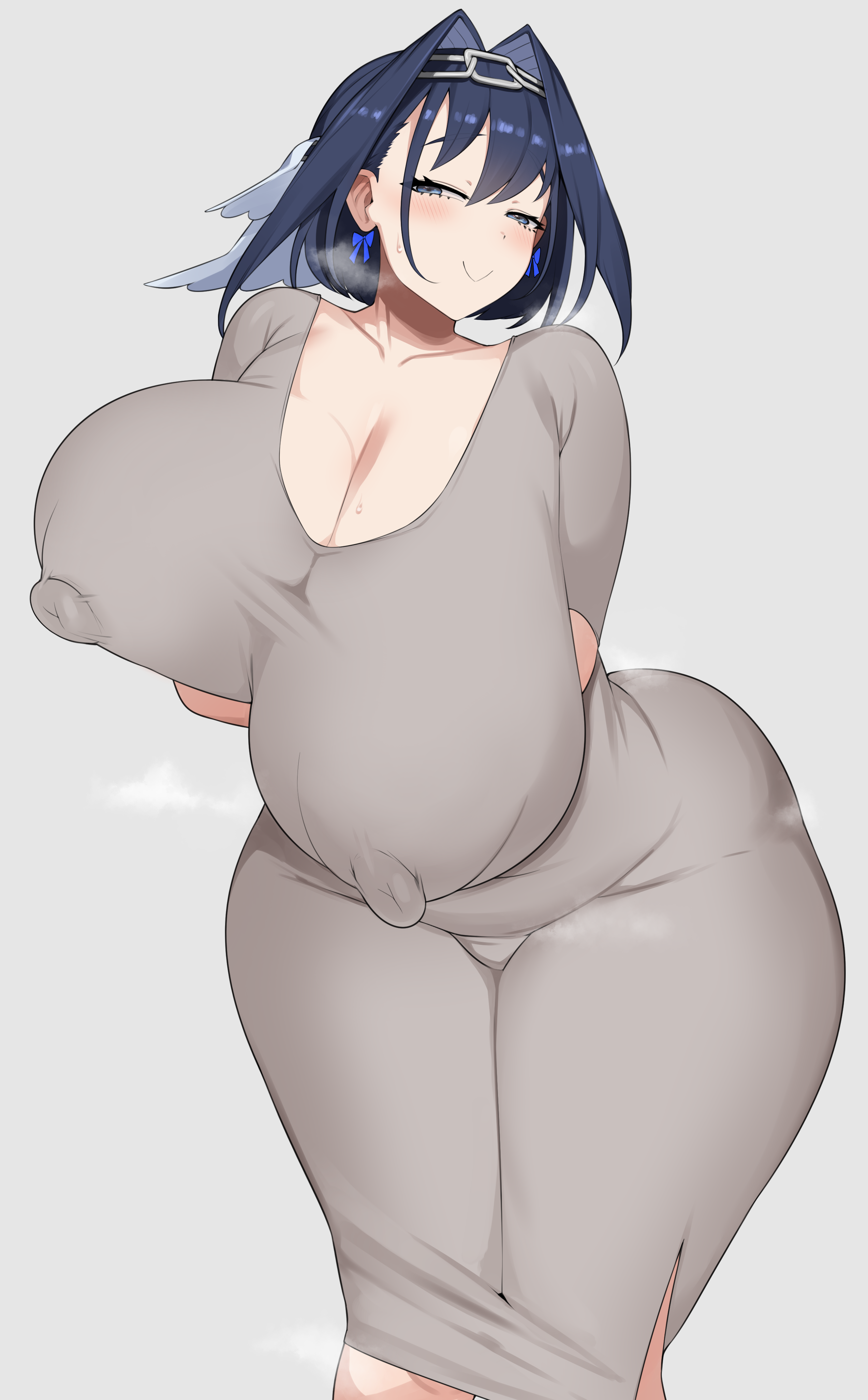1girls, blue eyes, blue hair, breasts, cham22, cleavage, dress, female, hi res, hips, hololive, hololive english, hololive english -council-, huge breasts, light skin, light-skinned female, massive breasts, naughty face, ouro kronii, short hair, simple background, smile, thick thighs, thighs, virtual youtuber, wide hips