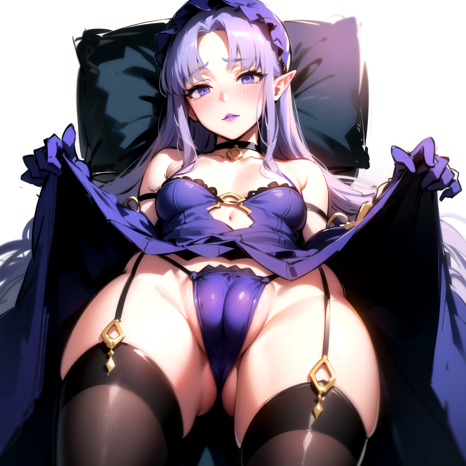 1girls 2024 ai_generated blush cameltoe caster_(fate/stay_night) choker elf_ears fate_(series) female female_focus female_only kxy leaning_back lipstick looking_at_viewer lying_on_back medea_(fate) negligee panties purple_hair purple_lipstick stockings