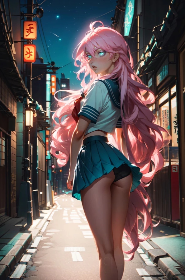 1girl 1girls 2d ai_generated ass butt female_focus female_only green_eyes non_nude pink_hair pink_hair_female public sailor_uniform school_uniform schoolgirl senju_kawaragi tokyo_revengers