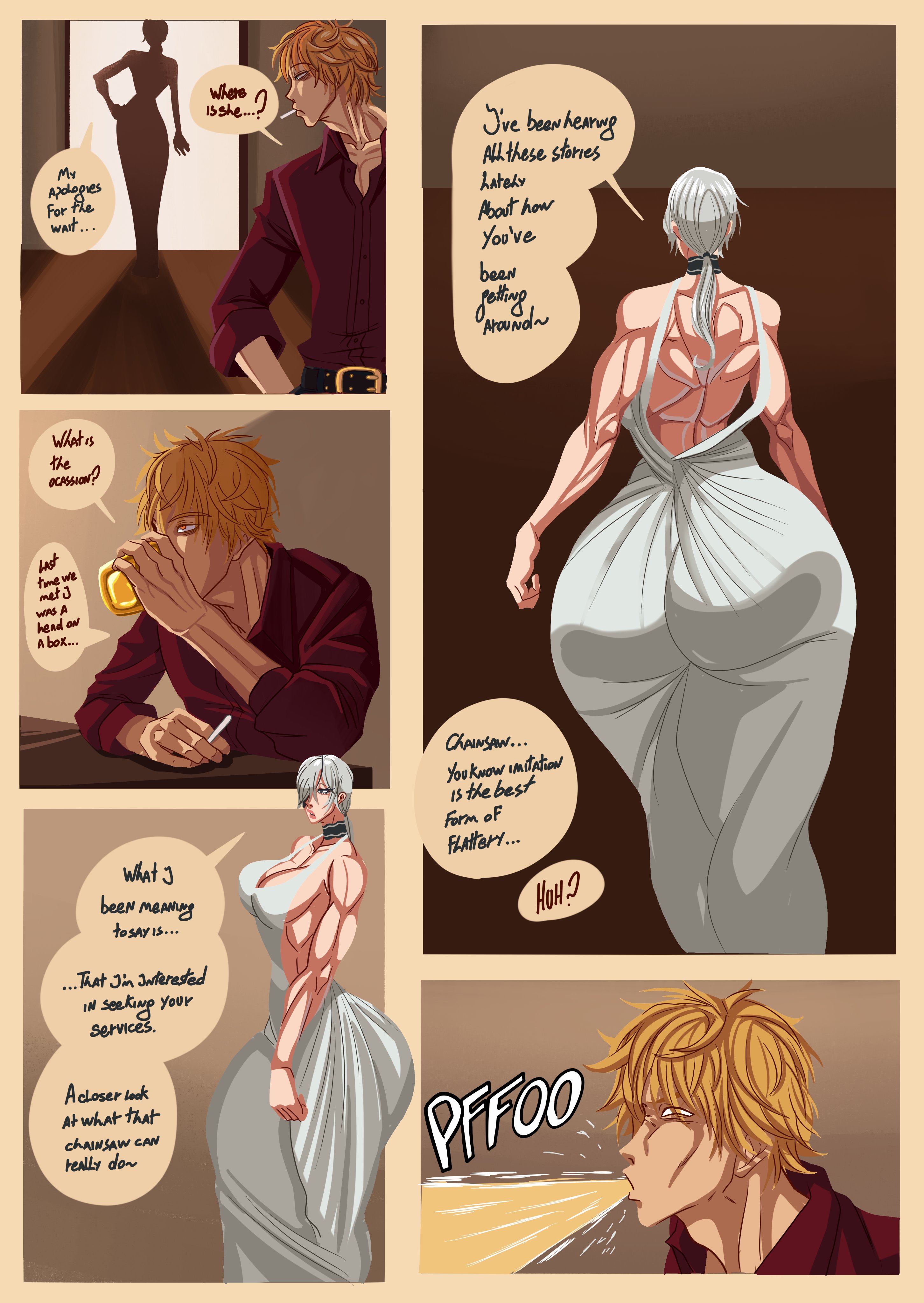 1boy, 1girls, 2d, 2d (artwork), ass, chainsaw man, daysy, denji (chainsaw man), dress, female, huge ass, male, quanxi (chainsaw man), tagme, white hair