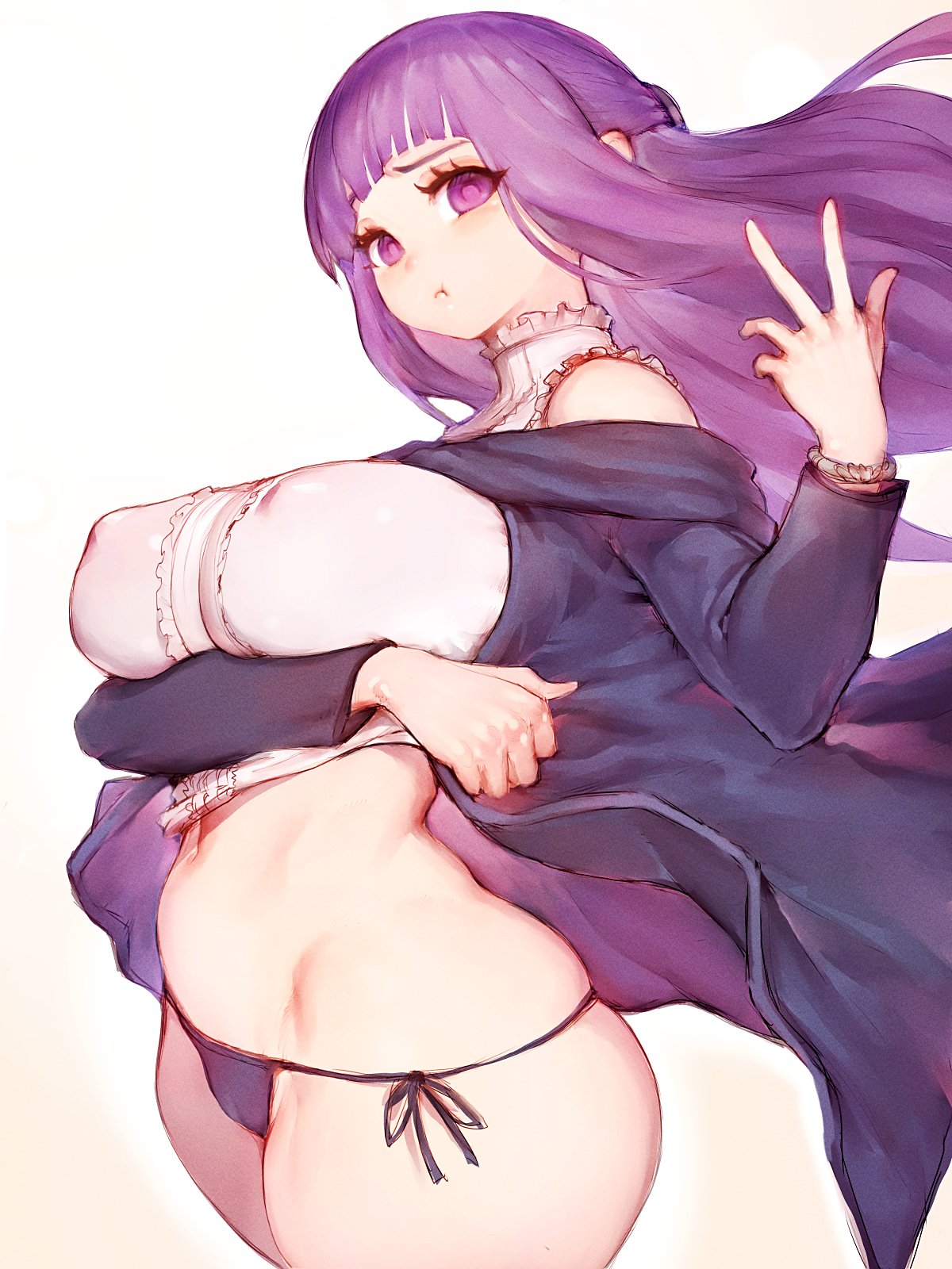 1girls, blunt bangs, breasts, cameltoe, female, fern (sousou no frieren), fumio (rsqkr), hi res, huge breasts, light skin, light-skinned female, long hair, panties, pouting, purple eyes, purple hair, pussy, simple background, sousou no frieren, thick thighs, wide hips