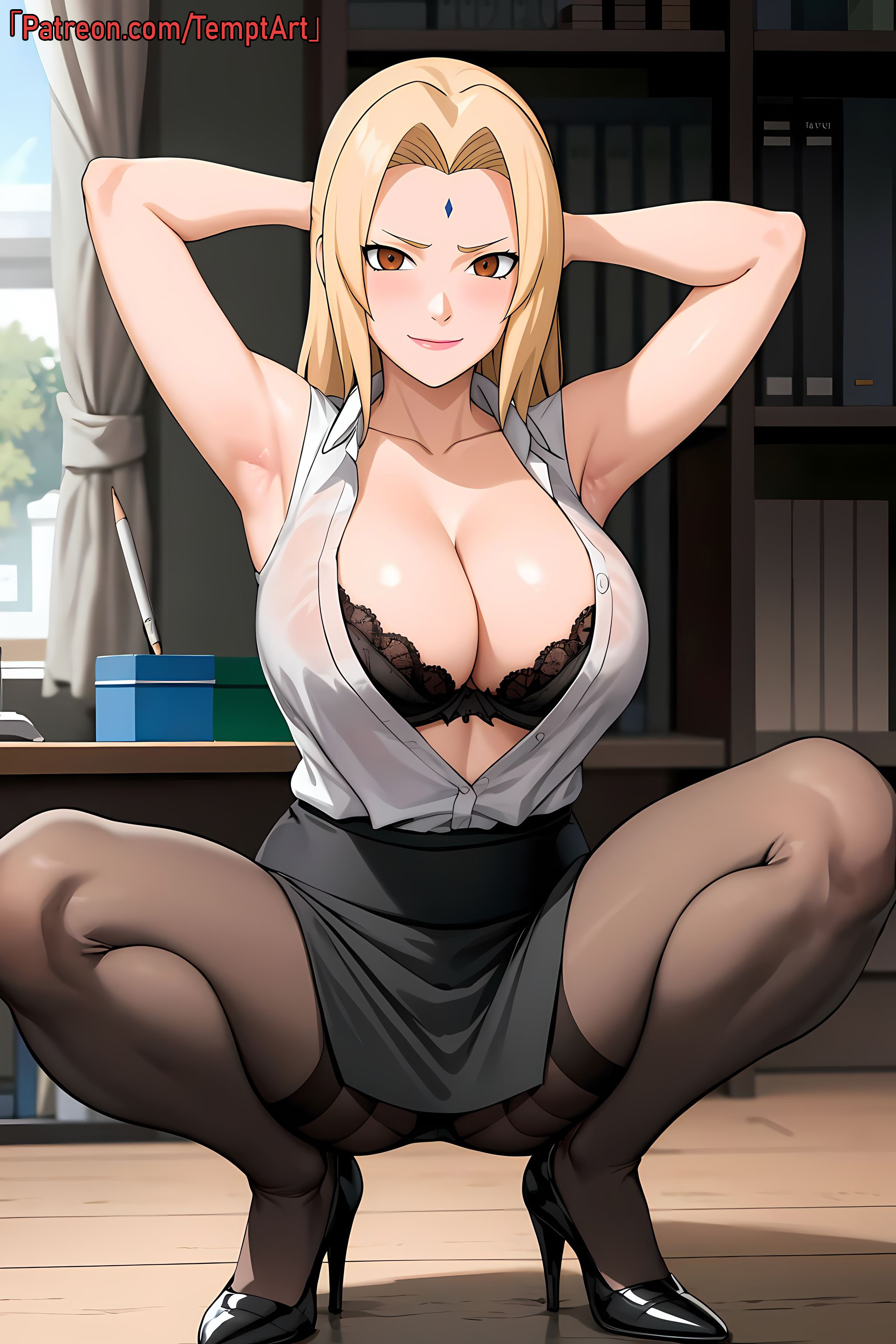 1girls, ai generated, alternate costume, armpits, arms behind head, arms up, artist name, big breasts, blonde hair, bra, breasts, brown eyes, busty, cleavage, clothing, female, female focus, forehead mark, formal, formal clothes, full body, heels, high heels, huge breasts, indoors, light skin, light-skinned female, lipstick, makeup, mature, mature female, milf, nai diffusion, naruto, naruto (series), naruto shippuden, rn, teacher