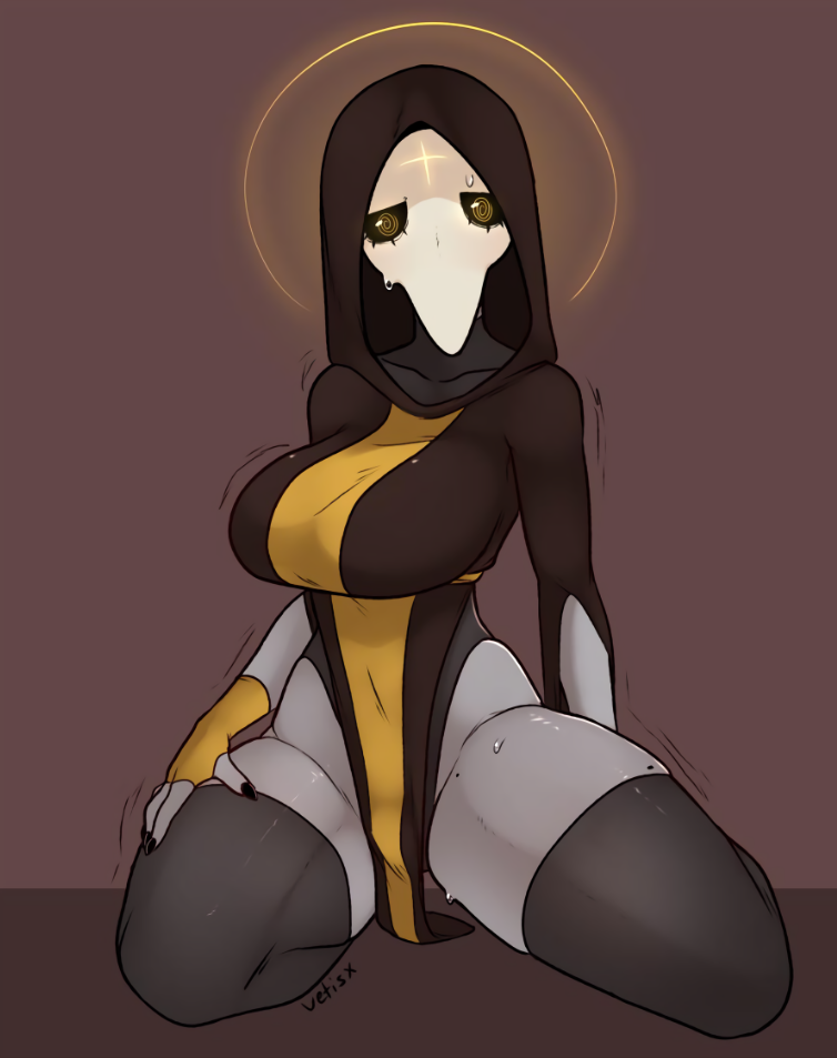 black_sclera blush breasts cloak cross gloves hood kneeling looking_at_viewer margaret_(vetisx) mask plague_doctor sharp_fingernails stockings sweat tagme thick_thighs tight_clothing vetisx voluptuous yellow_eyes