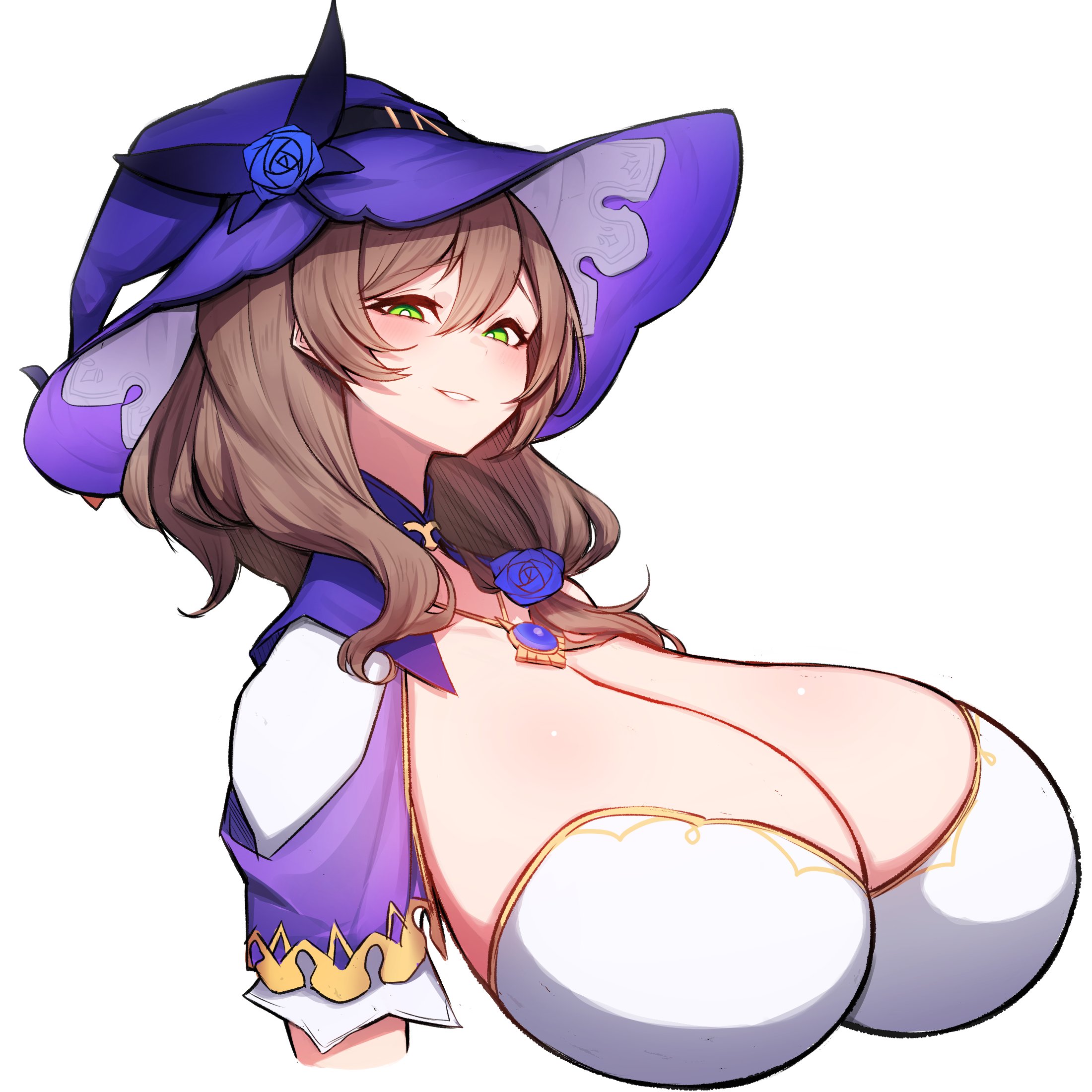 1girls, big breasts, breasts, brown hair, cleavage, female, female focus, female only, genshin impact, green eyes, huge breasts, light skin, light-skinned female, lisa (genshin impact), long hair, looking at viewer, rikuguma, smile, smirk, smirking, smirking at viewer, tagme, upper body, witch, witch costume, witch hat