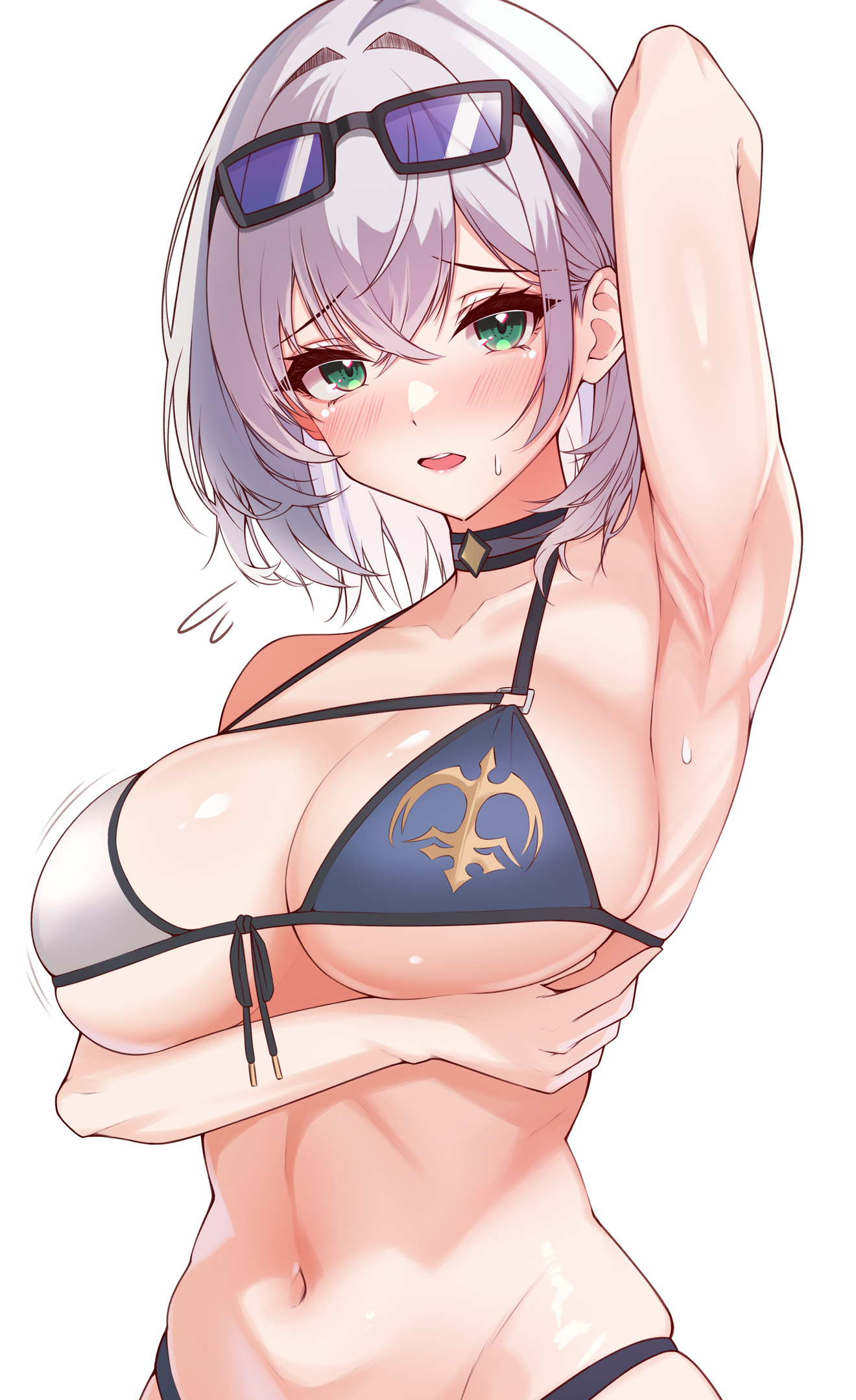 1girls, amaki daisuke, arm under breasts, arm up, armpit, armpit pose, armpits, bare shoulders, belly, big breasts, bikini, bikini bottom, bikini top, blush, blush lines, breasts, choker, cleavage, collar, collarbone, eyebrows, eyebrows visible through hair, eyelashes, female, green eyes, hololive, hololive fantasy, hololive japan, large breasts, looking at viewer, navel, nervous, official alternate costume, open mouth, shiny skin, shirogane noel, showing armpit, simple background, solo, standing, sunglasses, sunglasses on forehead, sunglasses on head, supporting breasts, sweat, sweatdrop, upper body, virtual youtuber, white background