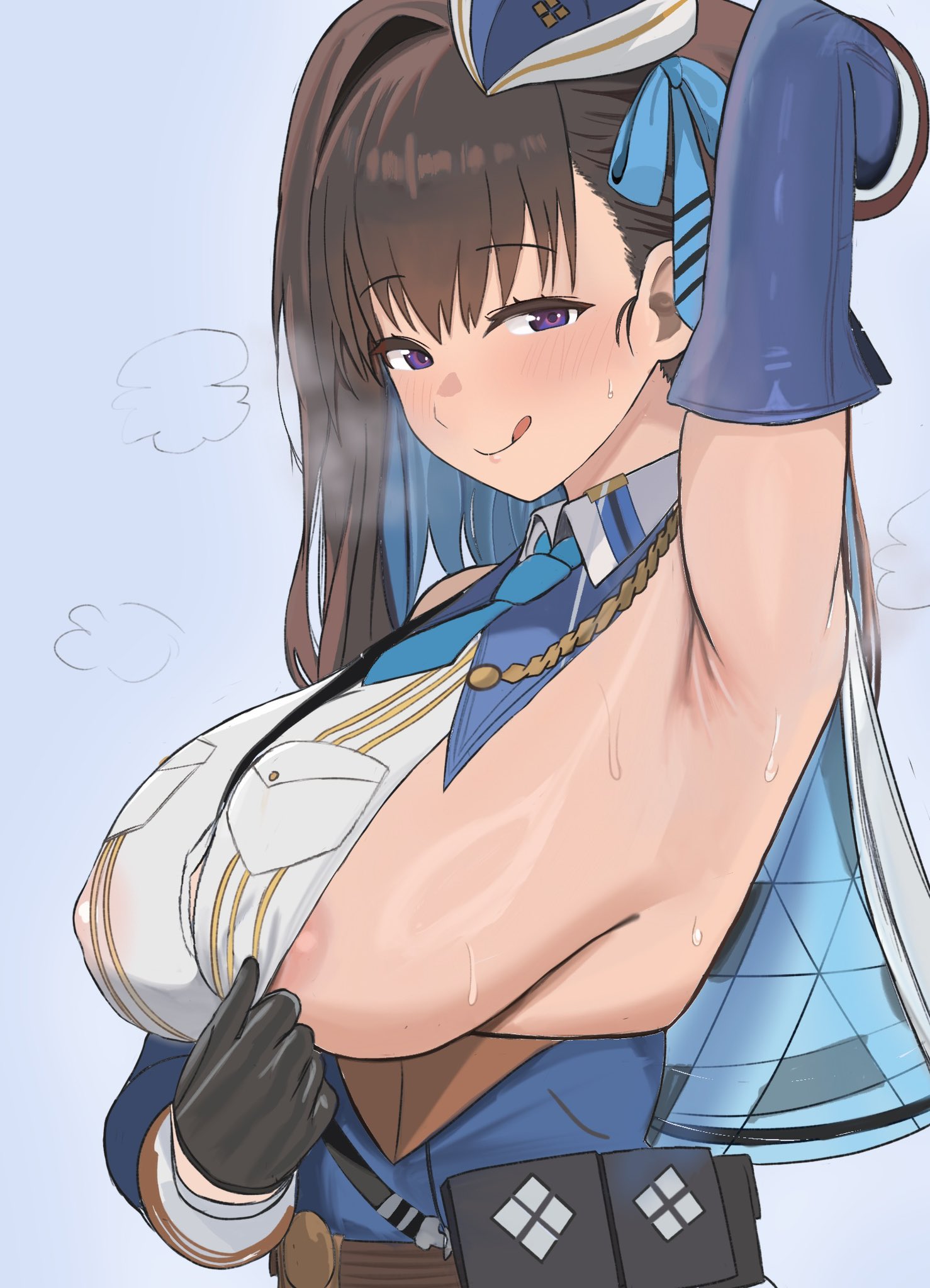armpit crease, armpits, artceister, blush, blushing, clothing aside, flashing, flashing breasts, goddess of victory: nikke, huge breasts, licking lips, lips, marian (nikke), nipple bulge, nipple slip, nipples, nipples visible through clothing, pulling clothing, sideboob, sweat, sweating