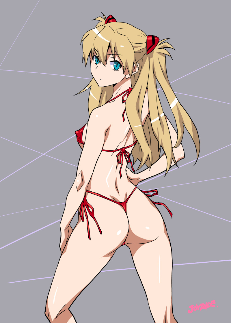 1girls artist_name artist_signature ass asuka_langley_sohryu bikini bikini_only blonde_hair blue_eyes emotionless erect_nipples erect_nipples_under_clothes expressionless female female_only hand_on_hip joy_ride legs long_hair looking_at_viewer looking_back looking_back_at_viewer micro_bikini neon_genesis_evangelion nice_ass nipples red_bikini red_micro_bikini red_swimsuit shiny_hair shiny_skin simple_background skimpy skimpy_bikini skimpy_clothes small_ass small_breasts swimsuit thighs twintails