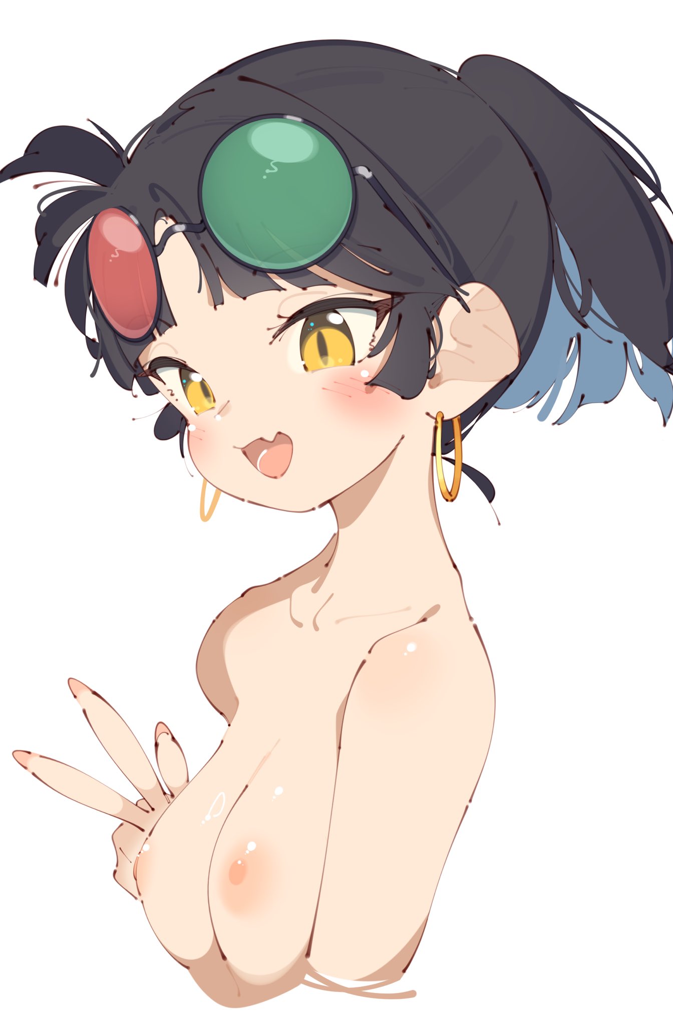 1girls an-an_lee black_hair blush breasts cute_fang earrings female glasses glasses_on_head hoop_earrings jewelry light-skinned_female light_skin nipples open_mouth peace_sign ponytail rasusurasu reverse:1999 short_hair small_breasts smile solo v v_sign w white_background yellow_eyes