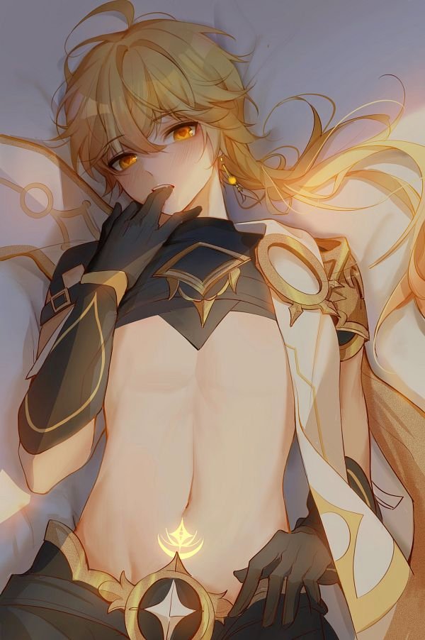 1boy, aether (genshin impact), belly button, blonde hair, earrings, genshin impact, gloves, looking at viewer, lying, male, male only, masculine, midriff, solo, stomach, twink, xiaoaether90, yellow eyes