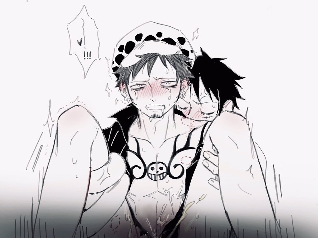 2boys anger_vein bishonen bite_mark blush chest_tattoo clenched_teeth closed_eyes commentary_request crying crying_with_eyes_open cum demorzel earrings ejaculation facial_hair full-face_blush fur_hat goatee hat heart implied_sex jewelry leg_grab male male_focus male_only monkey_d_luffy monochrome motion_lines multiple_boys no_visible_genitalia one_piece reverse_suspended_congress shirt short_hair skinny spread_legs stretched_limb sweat tattoo tears teeth trafalgar_law yaoi