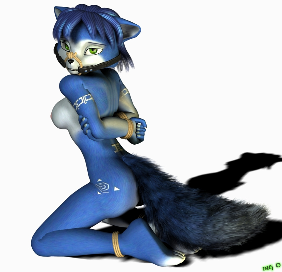 3_toes 3d 5_fingers anthro arms_behind_back ass barefoot big_o_(artist) black_nose blue_fur blue_hair bondage bound bound_ankles bound_wrists breasts claws closed_mouth color female female_only fox fur furry furry_ass furry_breasts furry_ears furry_tail green_eyes hair kneeling krystal looking_at_viewer looking_back nude open_eyes pointy_ears rope short_hair side_view solo star_fox tail white_background white_fur