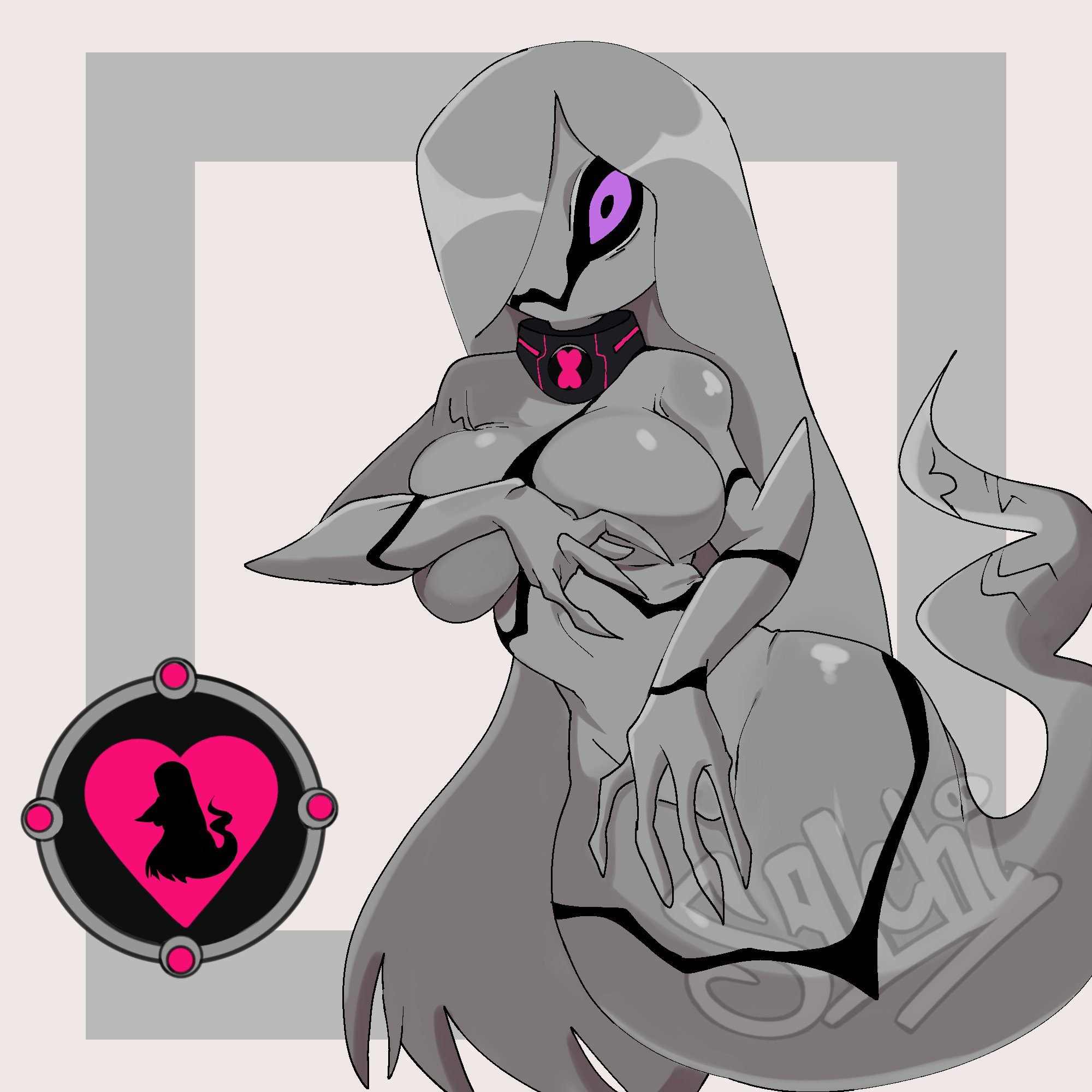 1girls, alien girl, ben 10, blush, breasts, chaquetrix, female, floating, ghost girl, ghostfreak, large breasts, looking at viewer, purple sclera, solo, unknown artist, wide hips