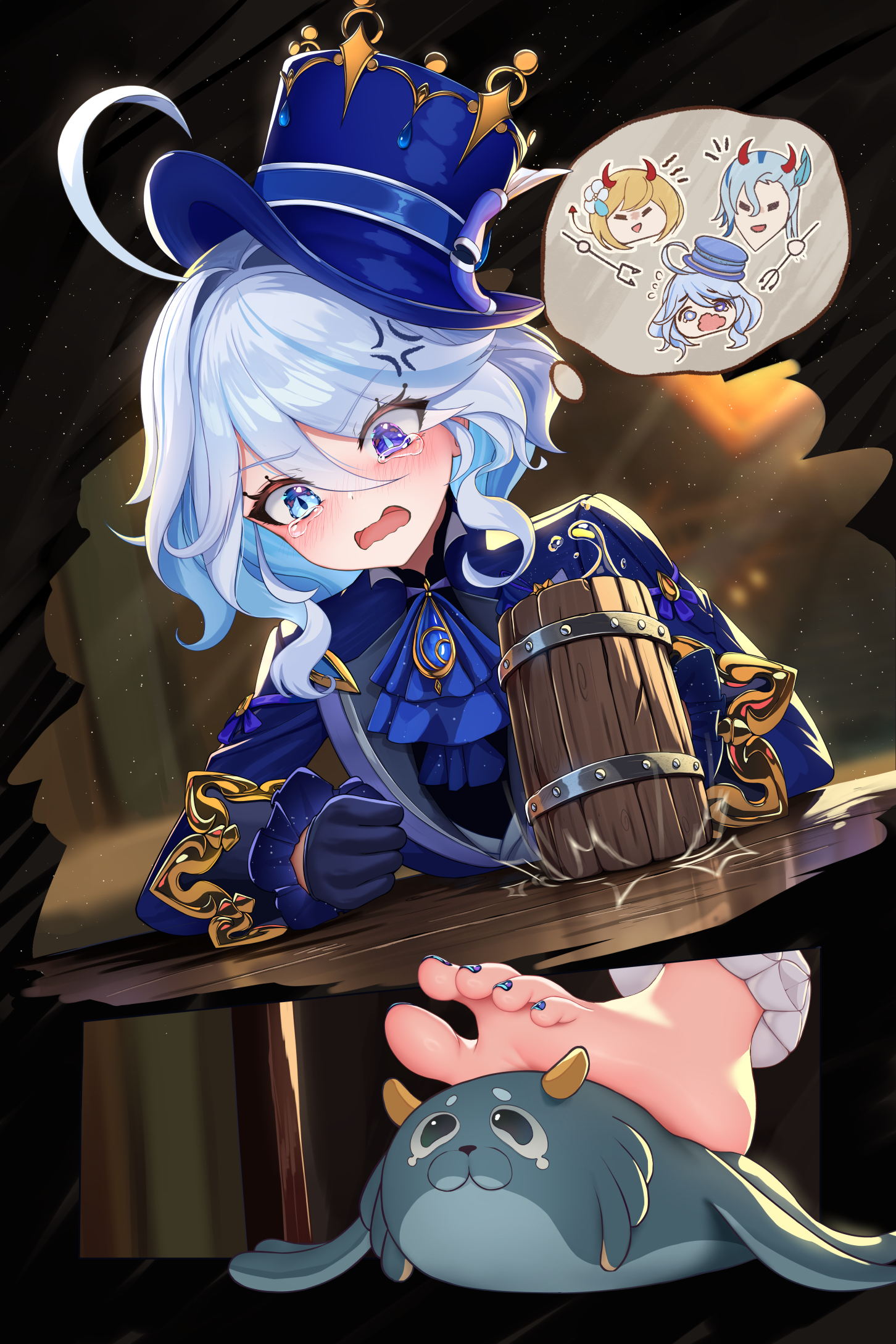 beer, blue eyes, blue hair, blush, damao yu, feet, female, female only, foot, foot fetish, furina (genshin impact), genshin impact, lumine (genshin impact), nail polish, neuvillette (genshin impact), open mouth, toes, white hair